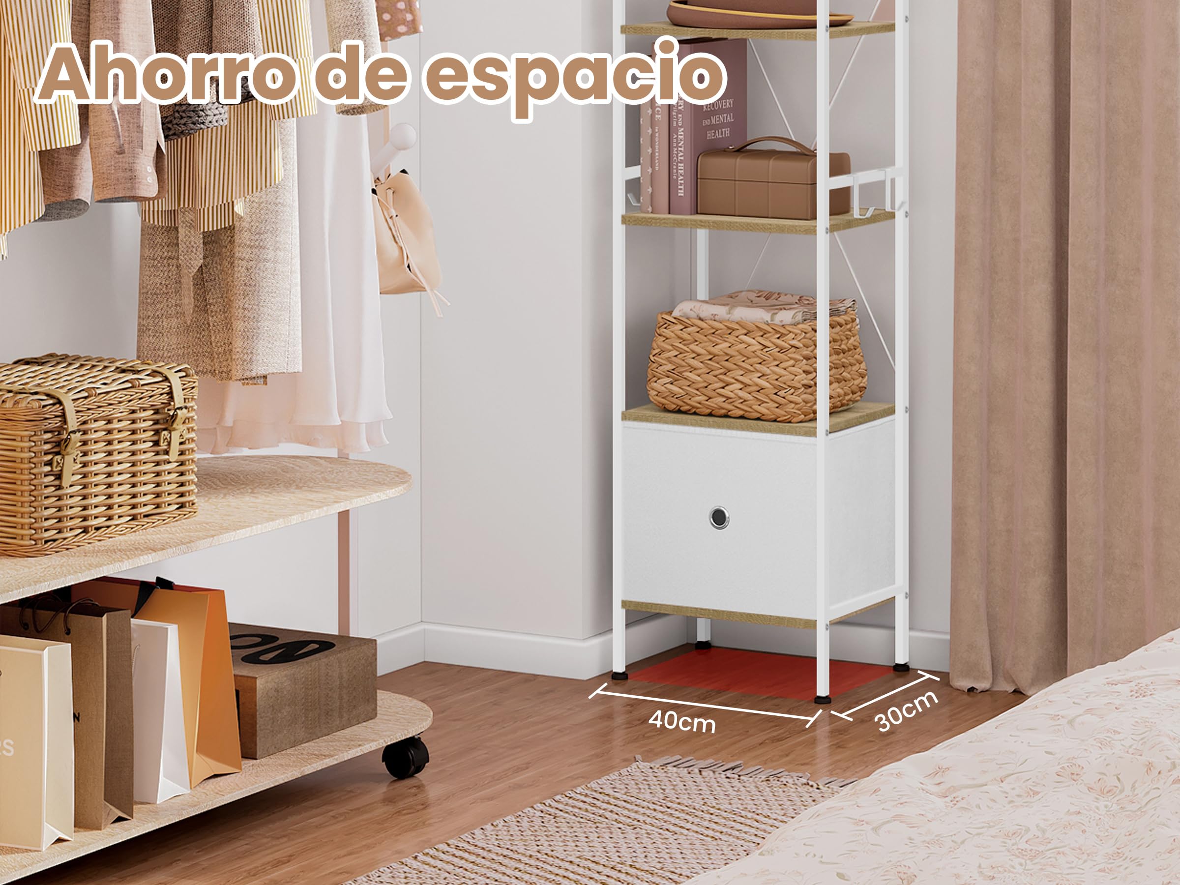 WOLTU Standregal mit 5 Ebenen, Bücherregal mit Schublade, stehendes Regal mit Metallrahmen, für Wohnzimmer Arbeitszimmer Homeoffice Schlafzimmer, modern, Helle Eiche + Weiß, RGB63whe
