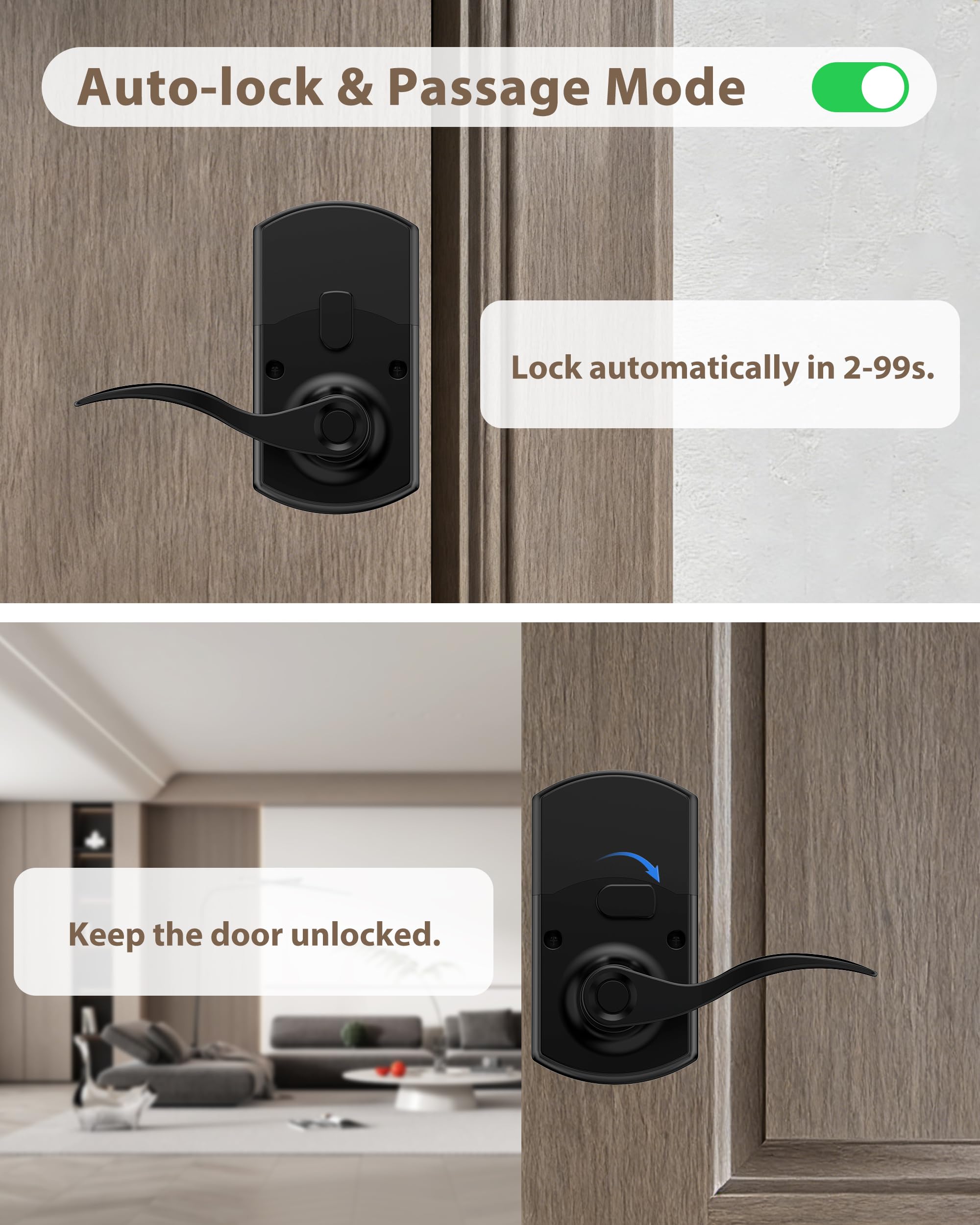 Serratura della porta della tastiera con maniglia, serratura elettronica senza chiave con codice, serrature intelligenti per porta d'ingresso, modalità di passaggio facile, blocco automatico, nero