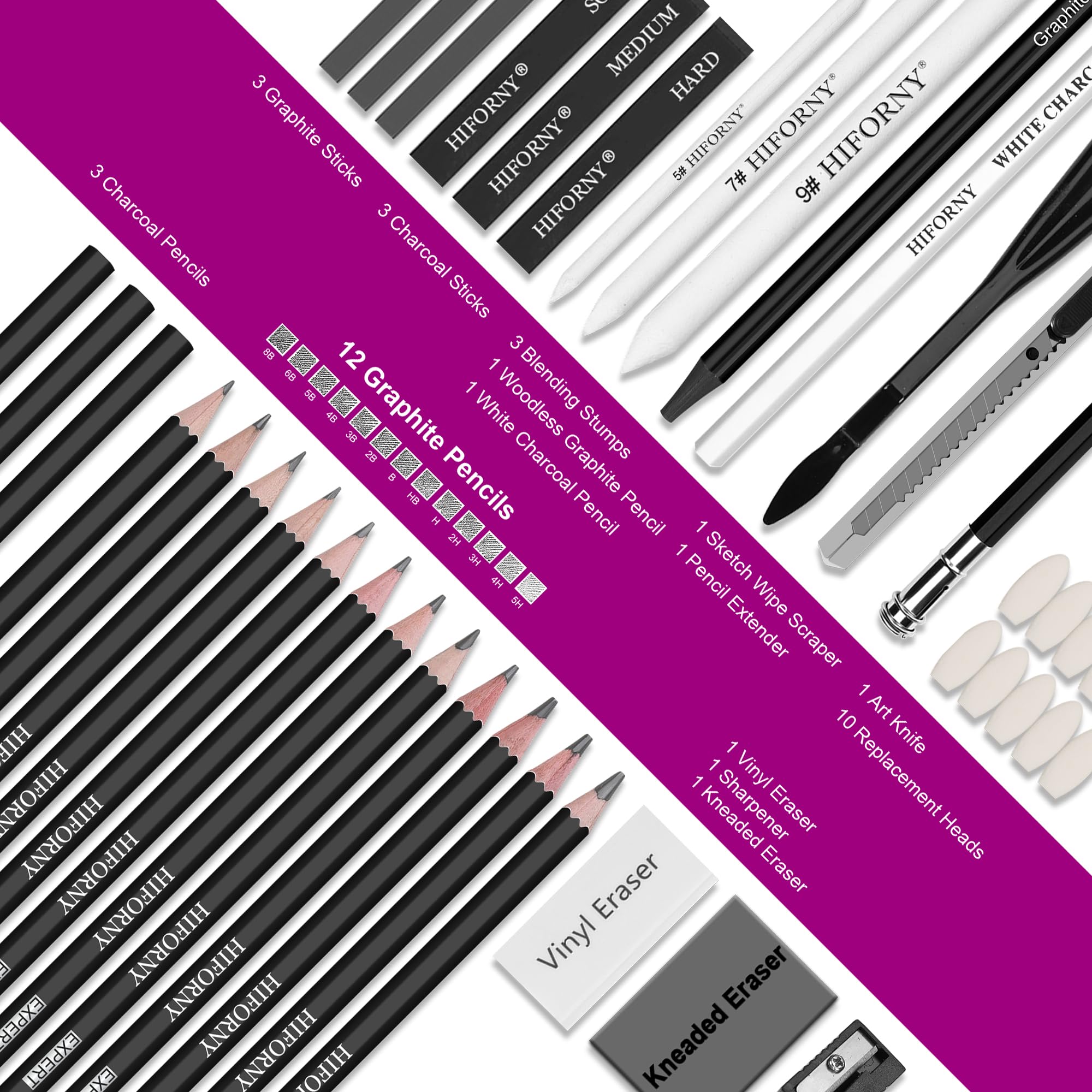 HIFORNY 42 PCS Drawing Set, Sketching Kit with Graphite & Charcoal Pencils, Blending Tools, Erasers & Accessories, Portable Zippered Travel Case for Artists & Beginners