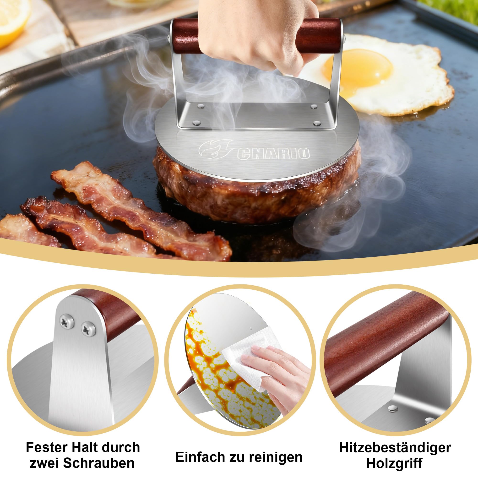 CNARIO Burgerpresse Edelstahl 16cm, Smash Burgerpresse mit Holzgriff | Burger Smasher, Hitzebeständig & Antihaft | Professionelle Patty Presse für Flat Top Grill, Grillplatte, BBQ | Leicht zu Reinigen