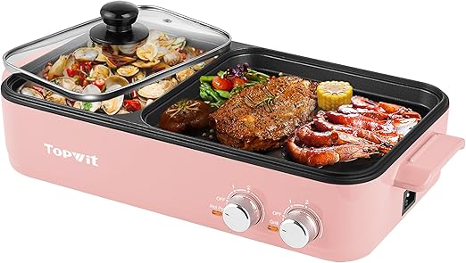 Topwit Hot Pot Electric with Grill, 2 in 1 Indoor Non-stick for Steaks, Shabu Shabu, Noodles, Simmer and Fry, Korean BBQ Grill, Independent Dual Temperature Control, Pink