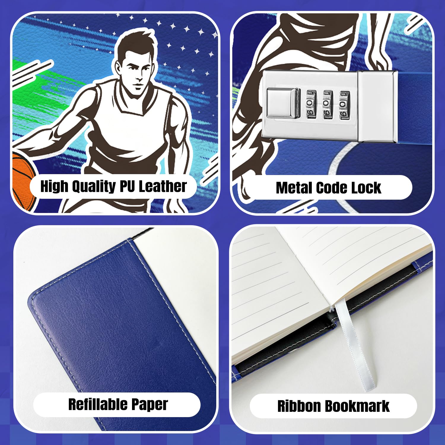 Diario con candado, diario para niños y niños, diario de baloncesto con código para adolescentes, adultos y niñas (Azul)