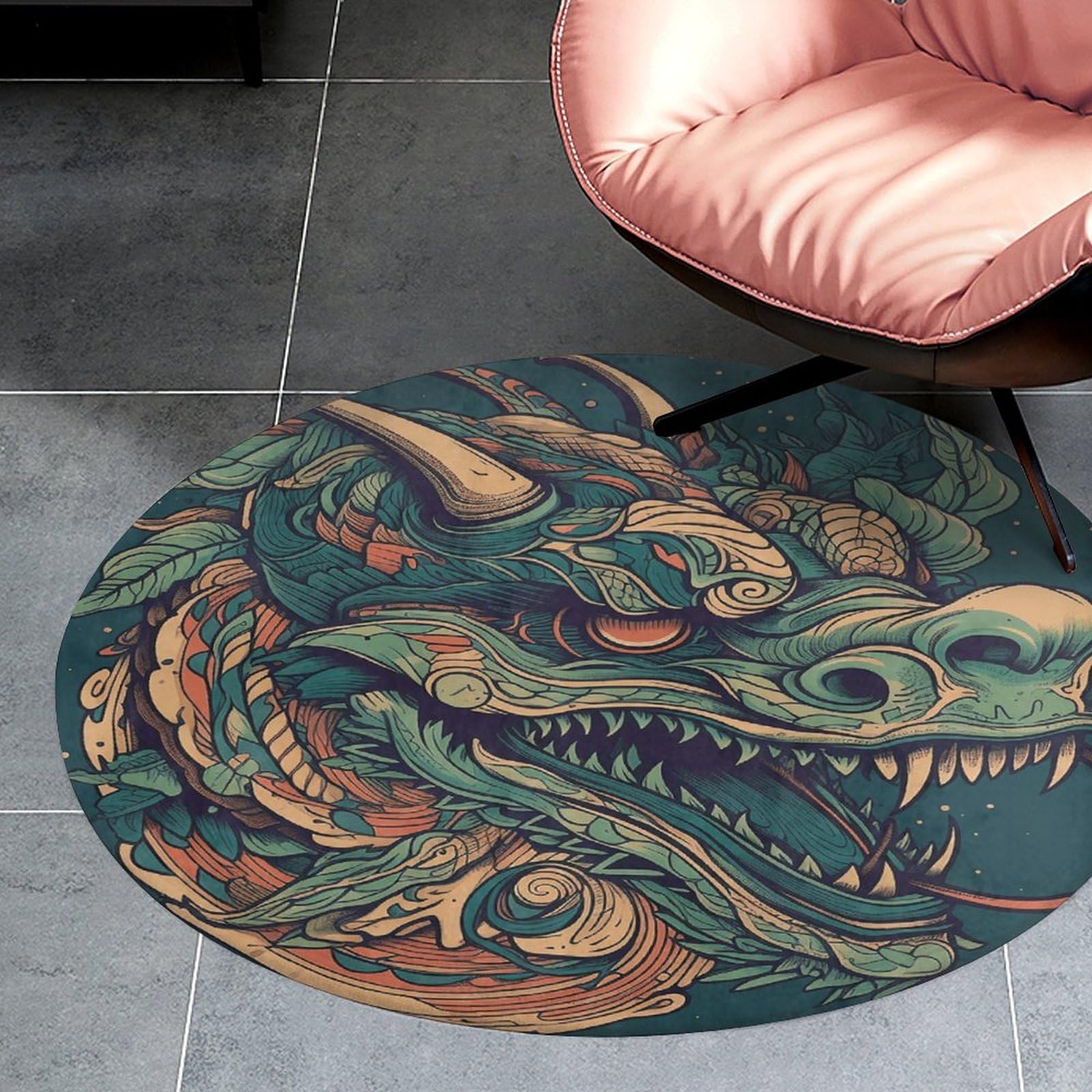Tapis rond tête de dragon 80 cm antidérapant et lavable