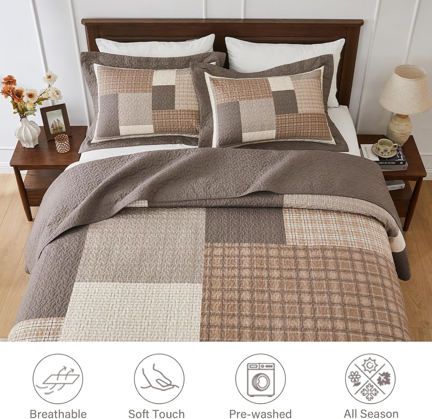 Finlonte Oversized Queen Bedspread 102"x120" - Farmhouse Patchwork Quilted Coverlet Set, 100% Cotton Lightweight Reversible Bedding, Rustic Plaid Quilt for All Seasons, Brown/Beige/Taupe