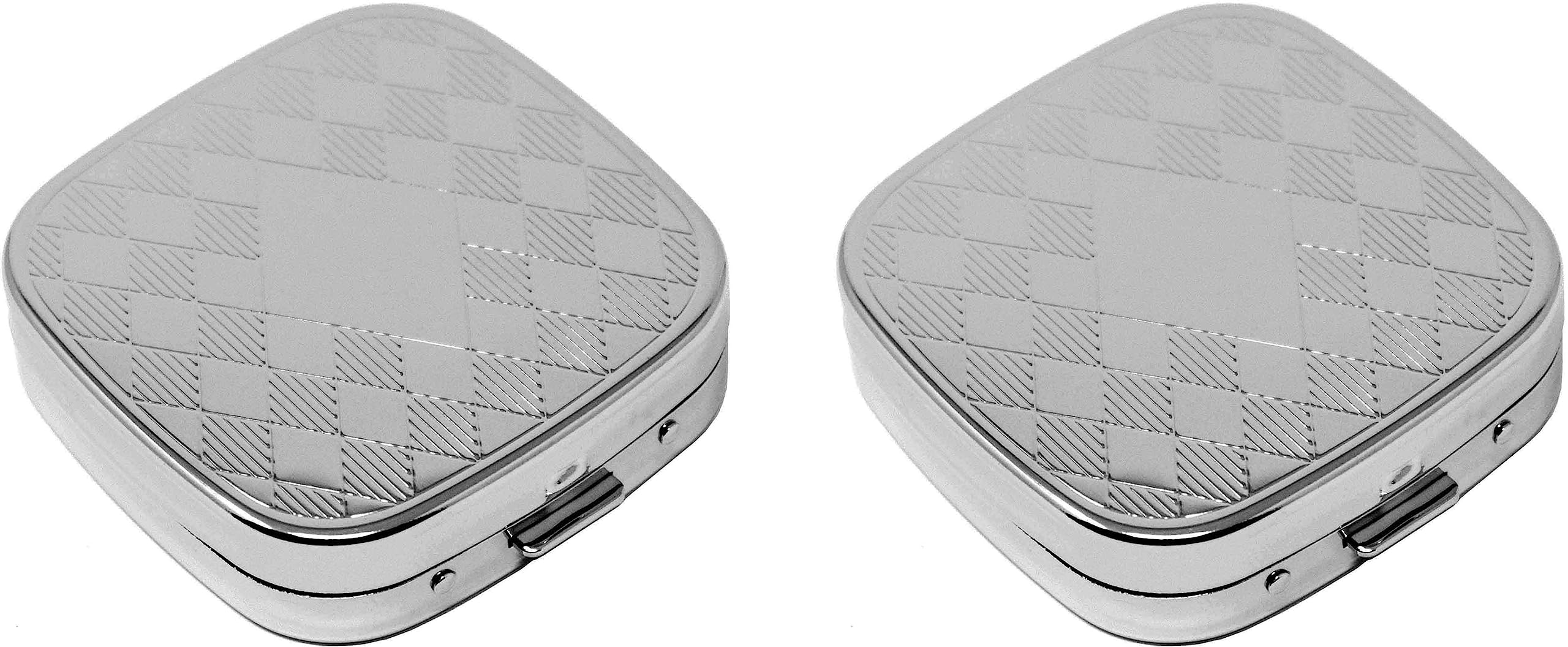 Set of 2 Square-Shaped Pocket Purse Pill Box with Mirror (Silver Etched Diamond Pattern - Engraveable)