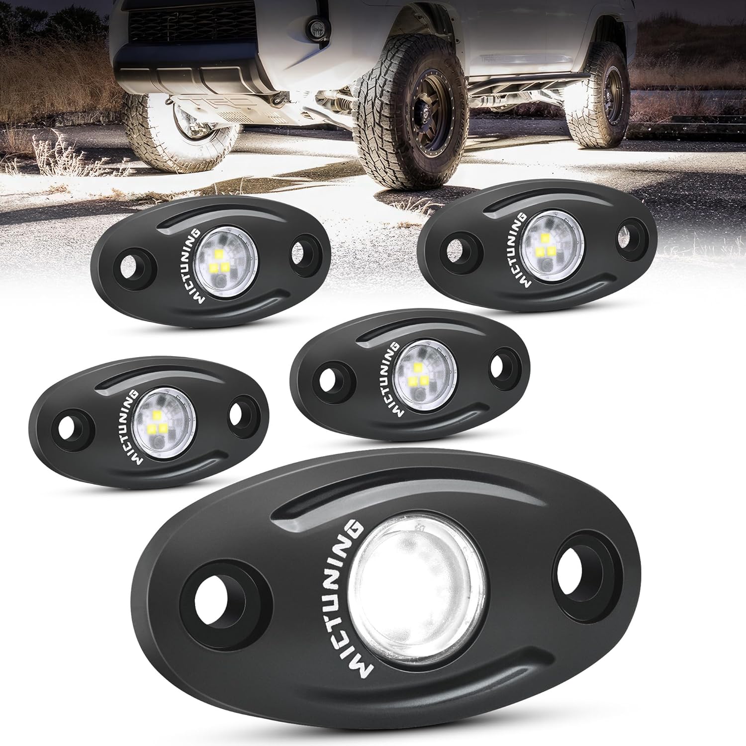 MICTUNING 4 Pods Pure White Rock Lights Kit - IP68 Waterproof, with Wiring Harness - Ultimate Underglow for Car, Truck, ATV, UTV, SUV, Off-Road, Golf Cart & Boat
