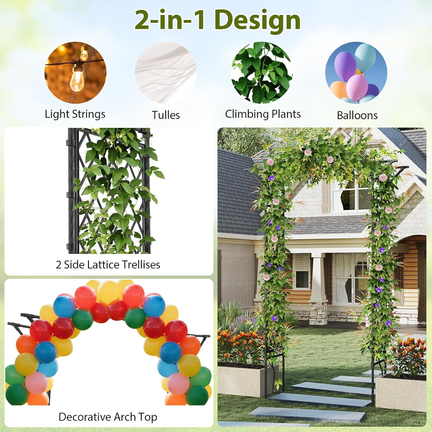 Happygrill 83" Garden Arch for Climbing Plants, Heavy-Duty Garden Arbor with Upgraded Metal Frame, Tall Plant Support Stand for Vines Flowers, Outdoor Archway for Lawn Wedding Party Decoration