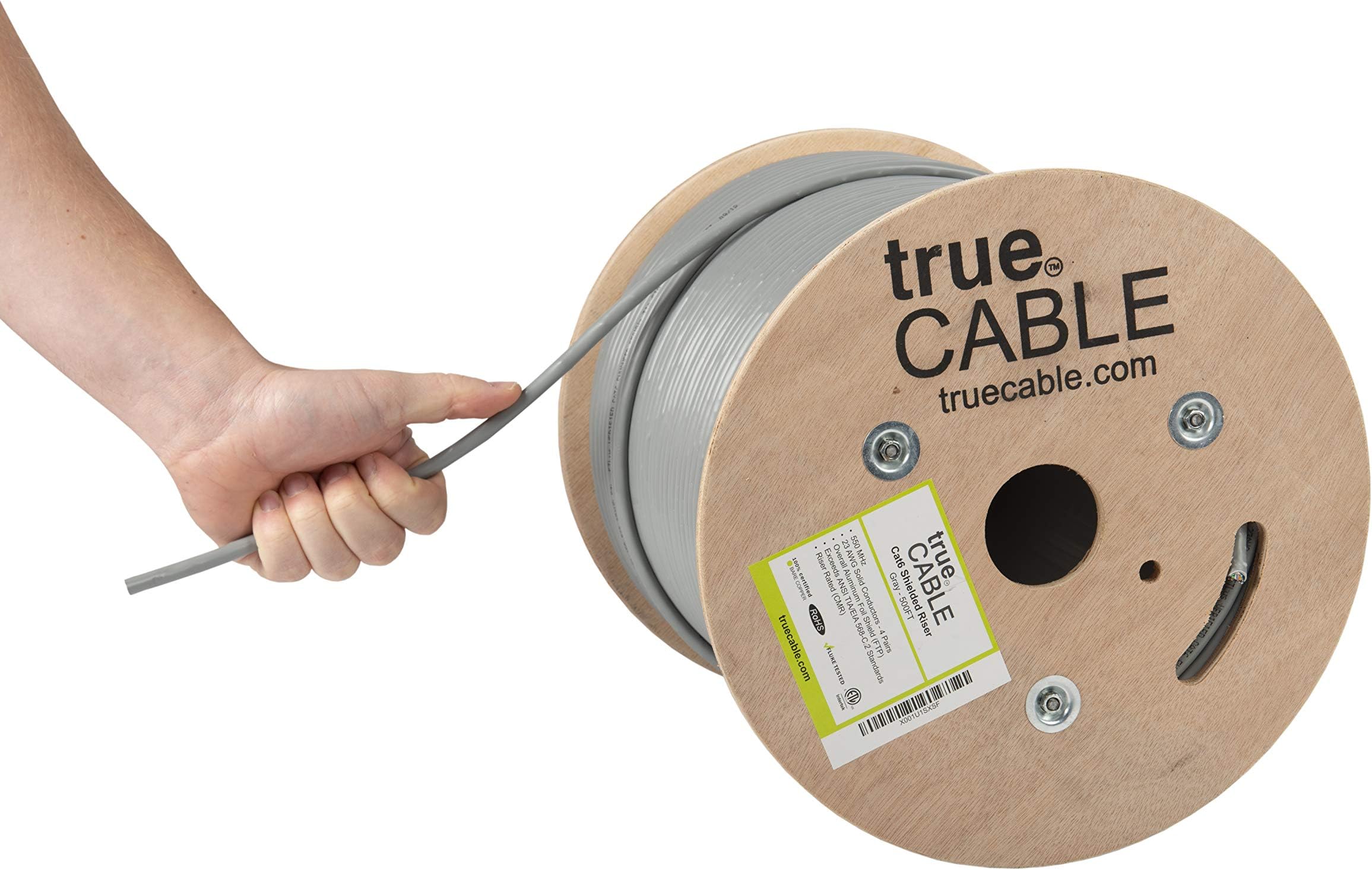 trueCABLE Cat6 Shielded Riser (CMR), 500ft, Gray, 23AWG Solid Bare Copper, 550MHz, PoE++ (4PPoE), ETL Listed, Overall Aluminum Foil Shield (F/UTP), Bulk Ethernet Cable
