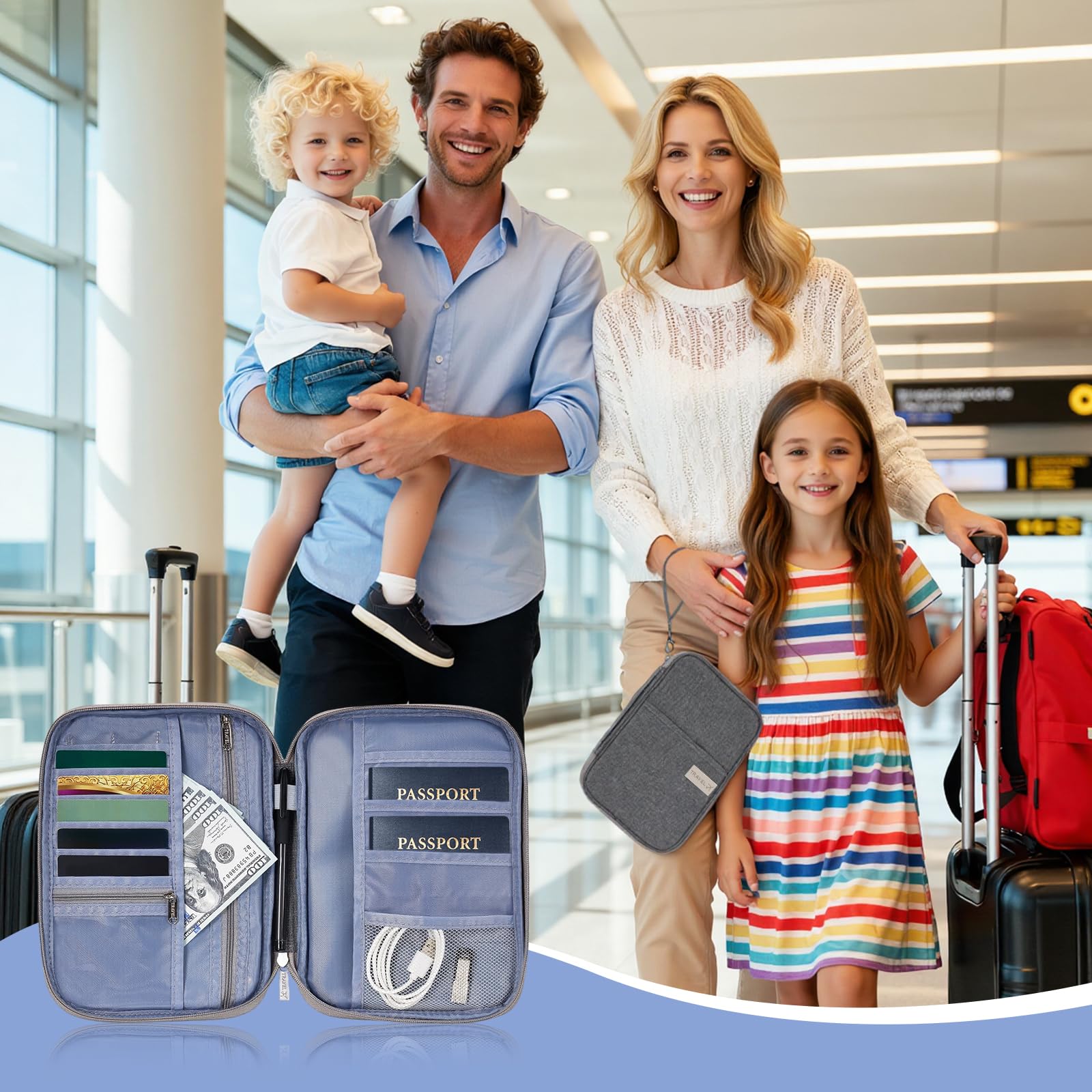 Reisepass Tasche Reisepasshülle Grau - Multifunktionaler wasserdichter Familien