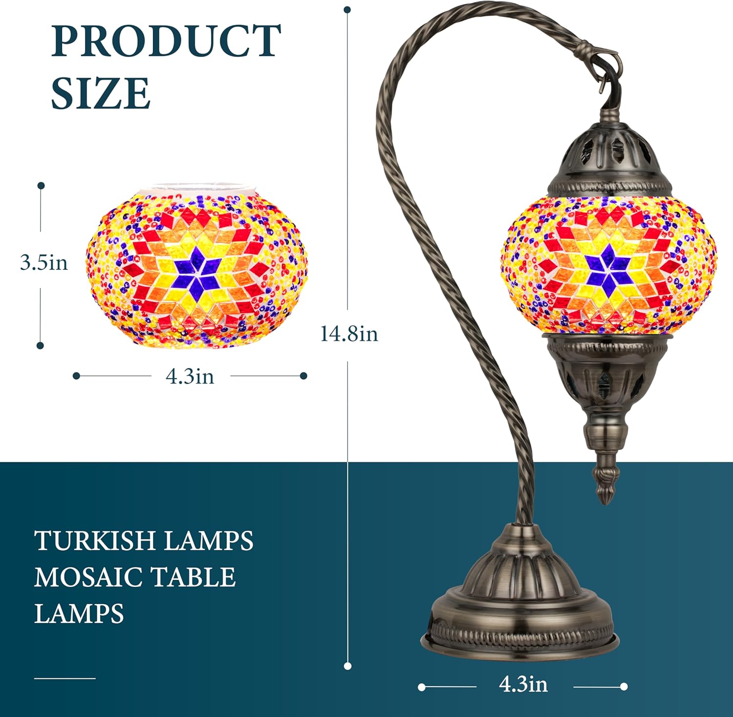 Marrakech Tiffany Lamp Turkish Table Lamps with Vintage Style, Handmade Moroccan Mosaic Lamp with Swan Neck Bronze Base Including LED Bulb for Living Room Bedroom Decor (Orange)