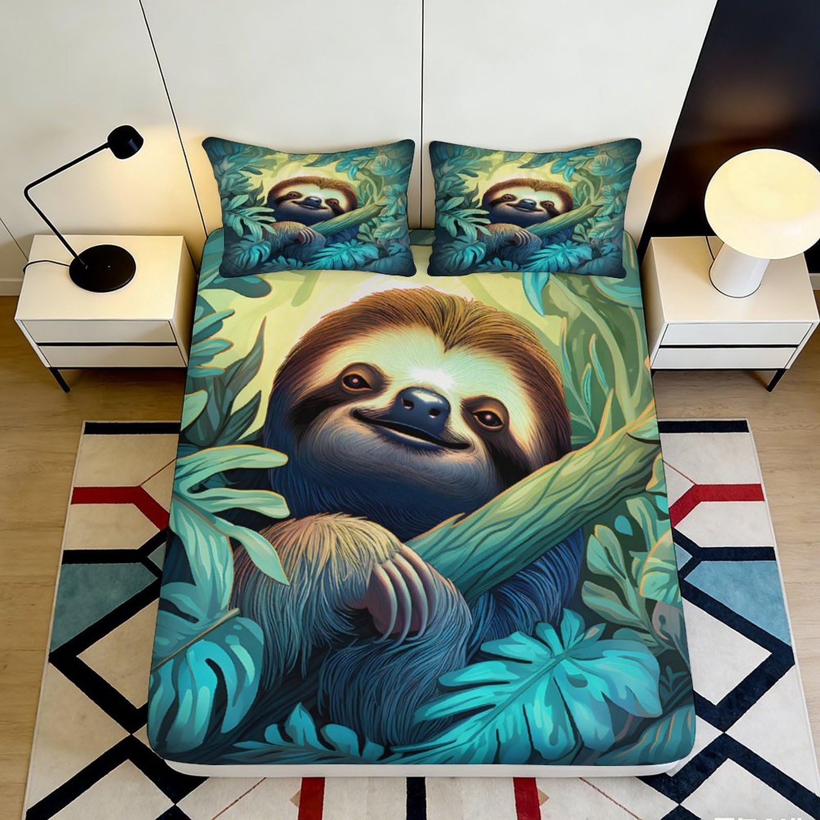 3D Printed Sloth Pattern Fitted Sheet Microfiber Soft Breathable Jungle Leaves Bed Cover for Bedroom Dormitory Guest Room Mattress Protection Decor 160x200x25cm