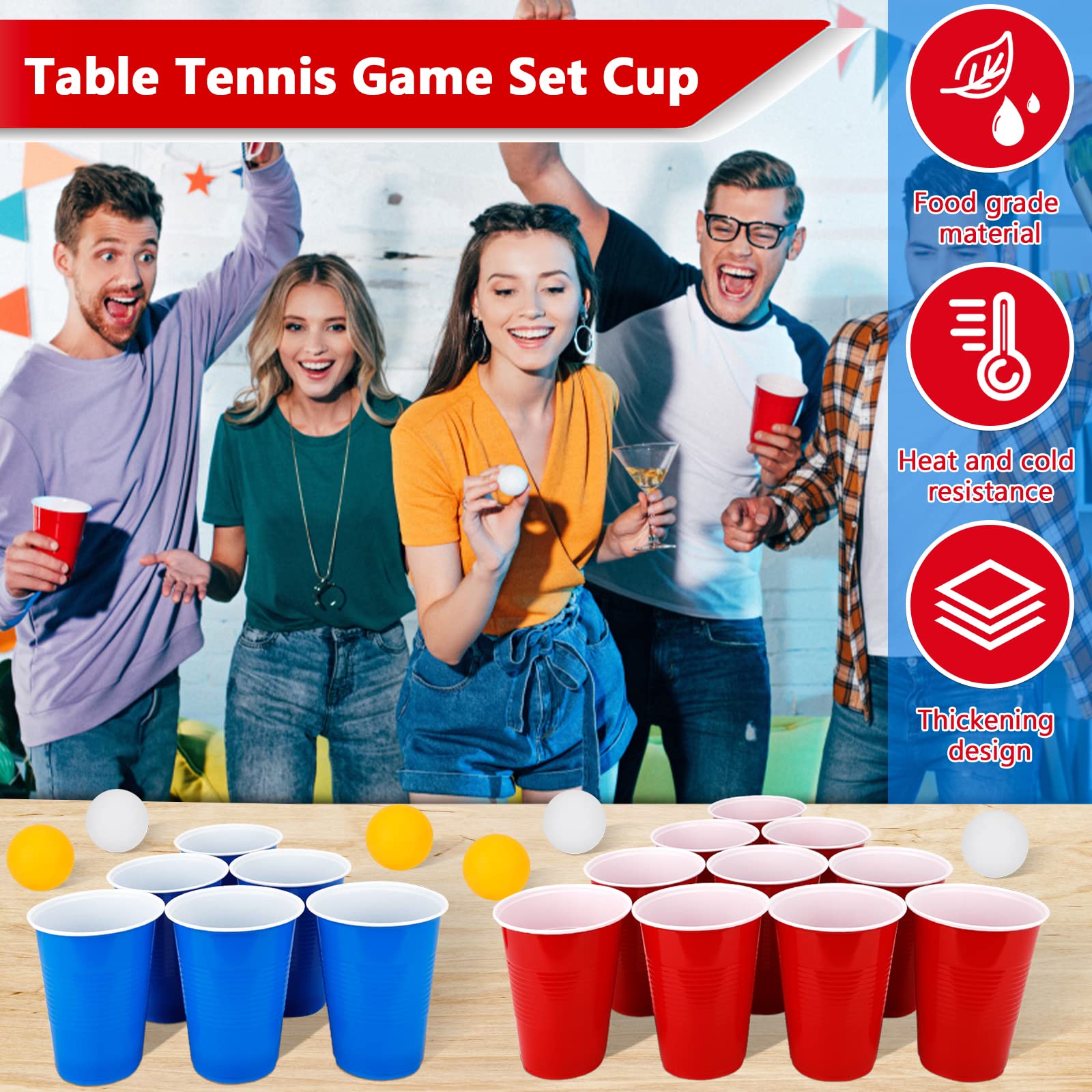 Frasheng BeerPong Coppe Riutilizzabili, 100+50 Coppe (BeerPong) Rosse e Blu, 12 Palline, 16oz/450ml, Bicchiere di Plastica con Pallina da Ping Pong, Gioco Alcolico per Adulti Festa