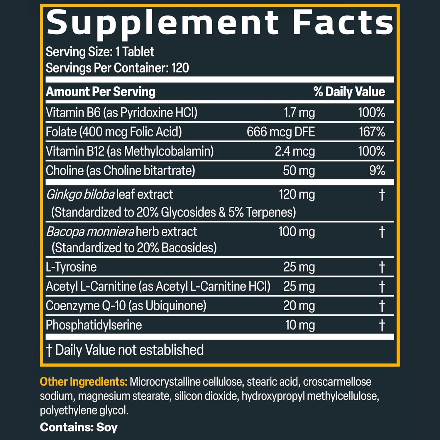 Bronson Ginkgo, Bacopa & Acetyl L-Carnitine Brain & Memory Support Complex with L-Tyrosine, Choline, CoQ10 & Phosphatidylserine Plus Key B Vitamins Non-GMO, 120 Tablets