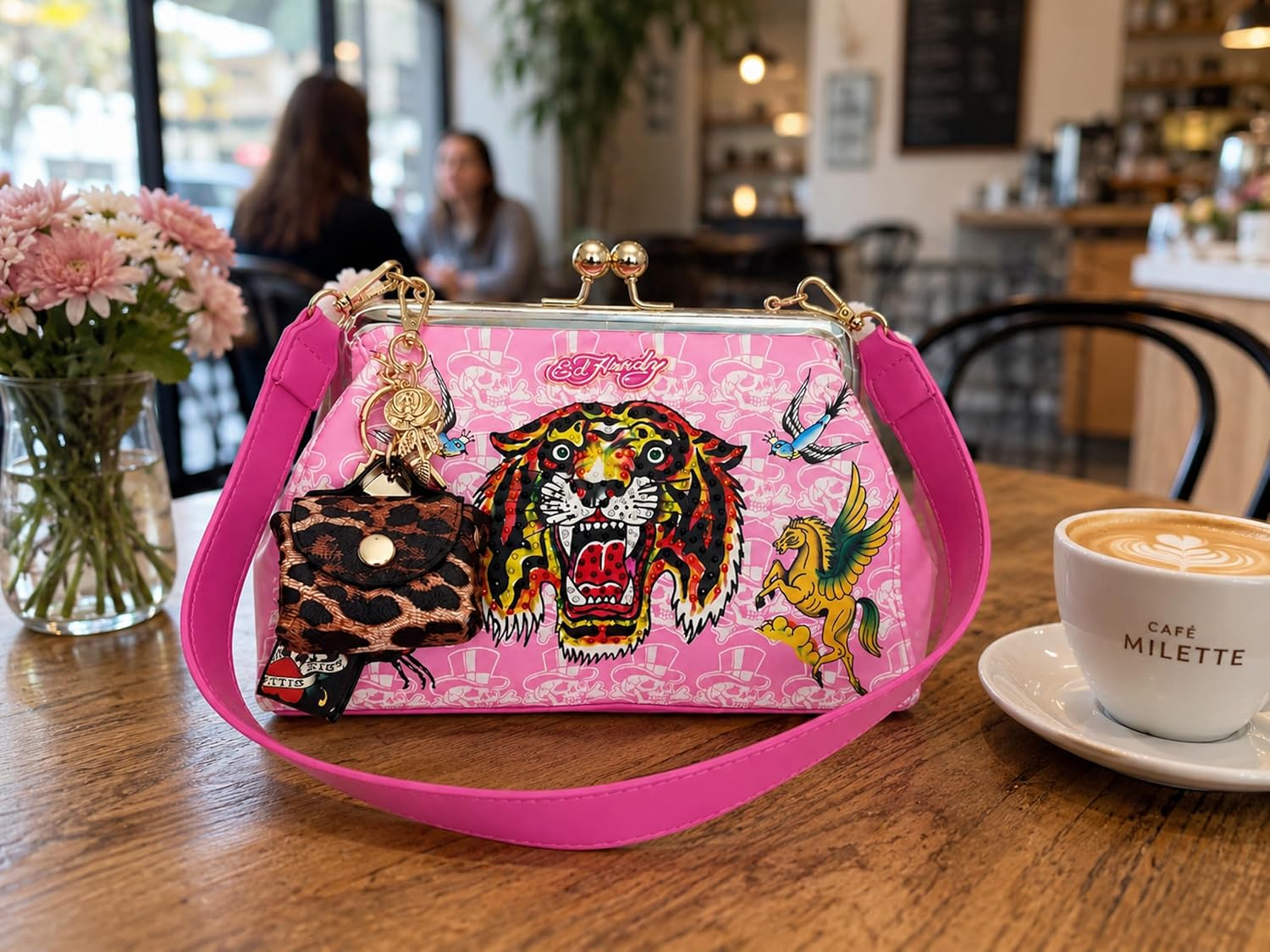 ED HARDY Women’s Kiss Lock Frame Satchel Bag, Tattoo Graphic Top Handle Shoulder Purse, 10 x 6 Inches