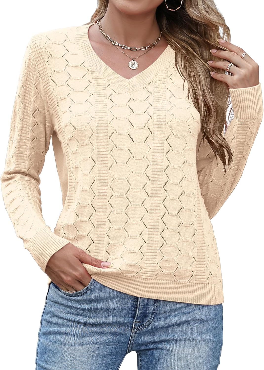 Ivicoer Womens Sweaters V Neck Long Sleeve Pullover Tops Hollow Out Fall Outfits Fashion Clothing 2025 - Image 2