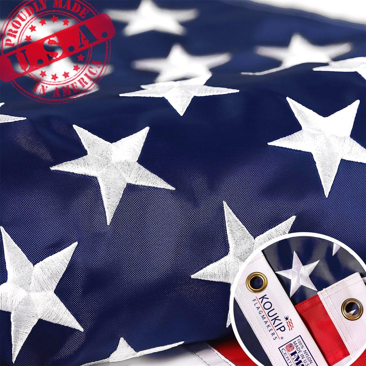 3x5-foot American Flag Made of Nylon Fabric and Embroidered Craftsmanship, Official Stars and Stripes Design, Anti-Fading and Weather-Resistant, Made in the United States, Suitable for Both Indoor and Outdoor Use as a Patriotic Flag