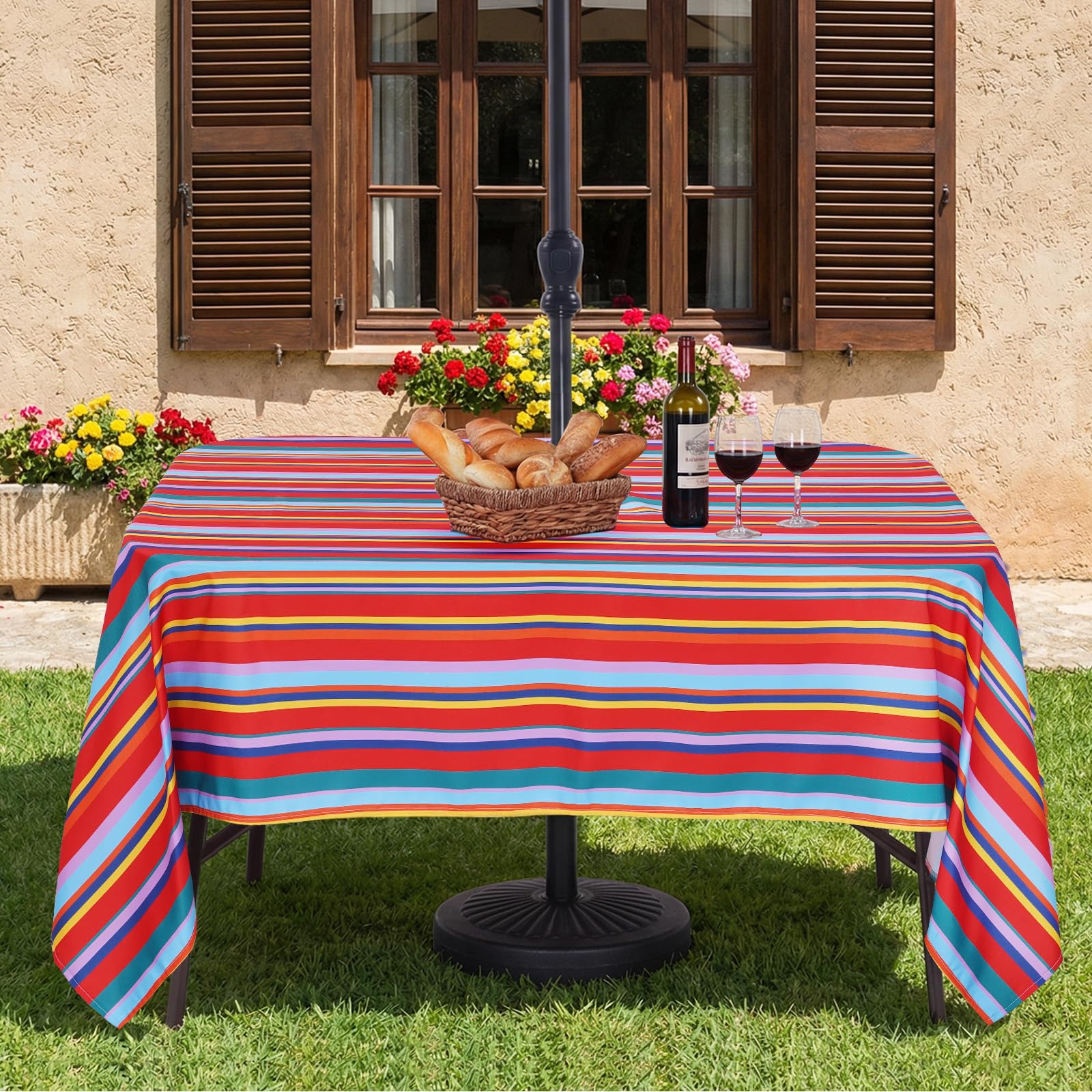 Eternal Beauty 60''X104” Rectangle Tablecloth Waterproof Outdoor Tablecloth with Umbrella Hole Zipper for Patio Spring Summer Picnic Tables, Red Stripe