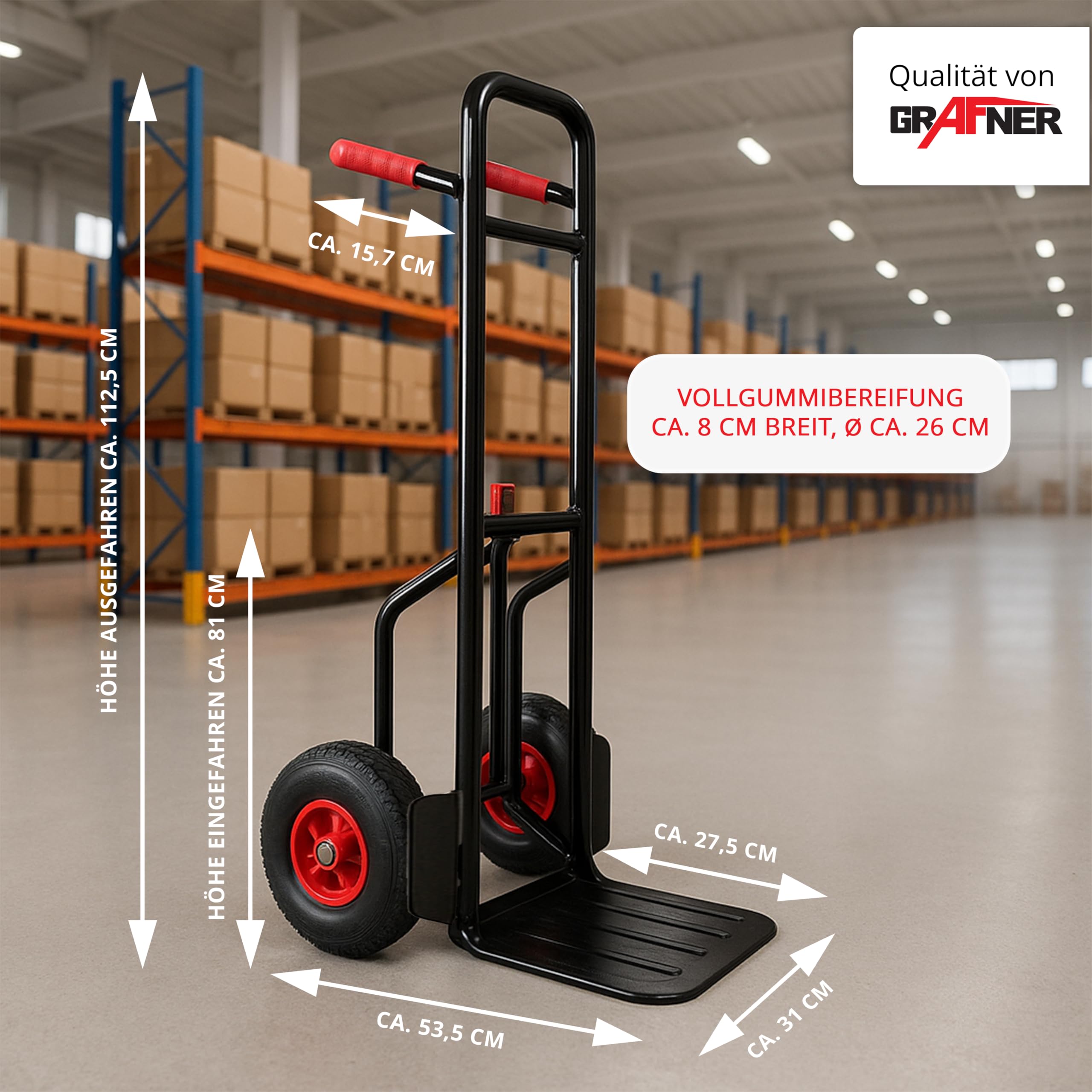 Grafner Sackkarre klappbar, Vollgummireifen, Belastbarkeit 200kg, PU Reifen, Haltegriffe und Schutzblech, Stahl Transportkarre Stapelkarre Transportwagen Transportroller Treppensackkarre ausziehbar