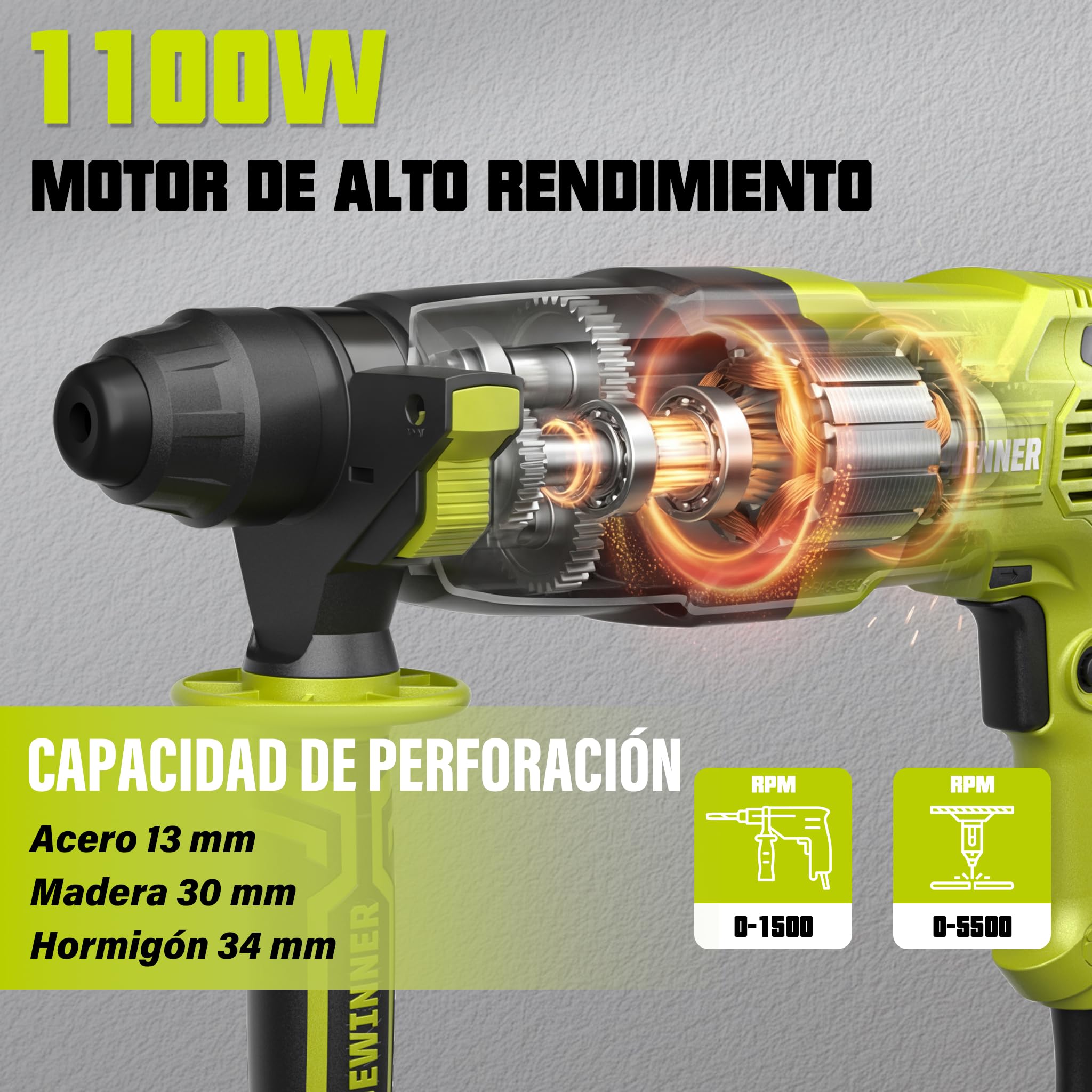 DEWINNER Martillo Perforador 1100 W 3.4 J, 0-1500 RPM/5500 BPM con 4 Funciones y Embrague de Seguridad, 20 Accesorios Sierra Perforadora Hormigón, Velocidad Variable, Hormigón, Acero, Madera