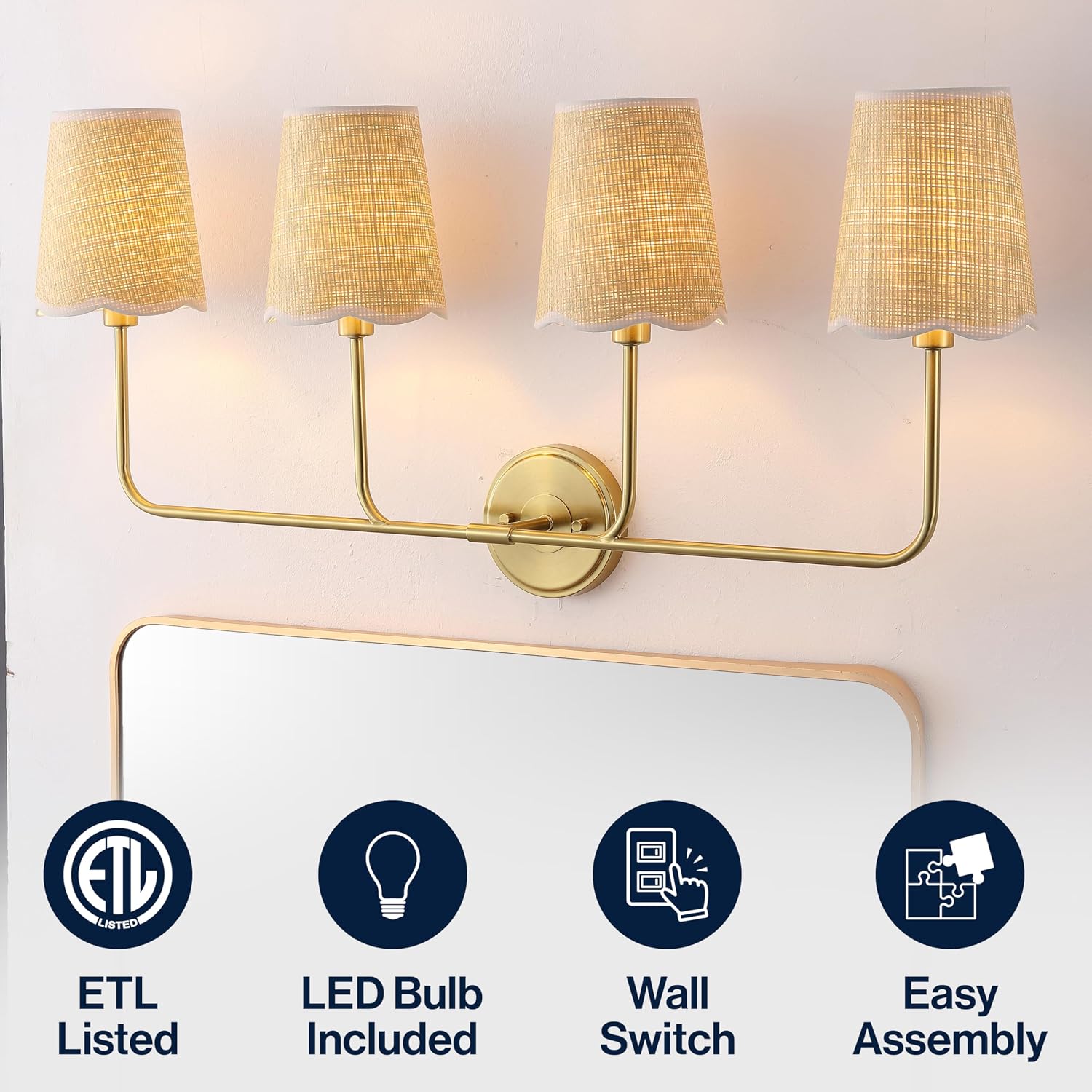 JONATHAN Y 36.5" Brown/White/Brass Gold LED Vanity Light, Traditional Wall Sconce Light, Scalloped Rope Fabric Shade for Bathroom Bedroom Hallway, LED Bulb Included (JYL1610A)