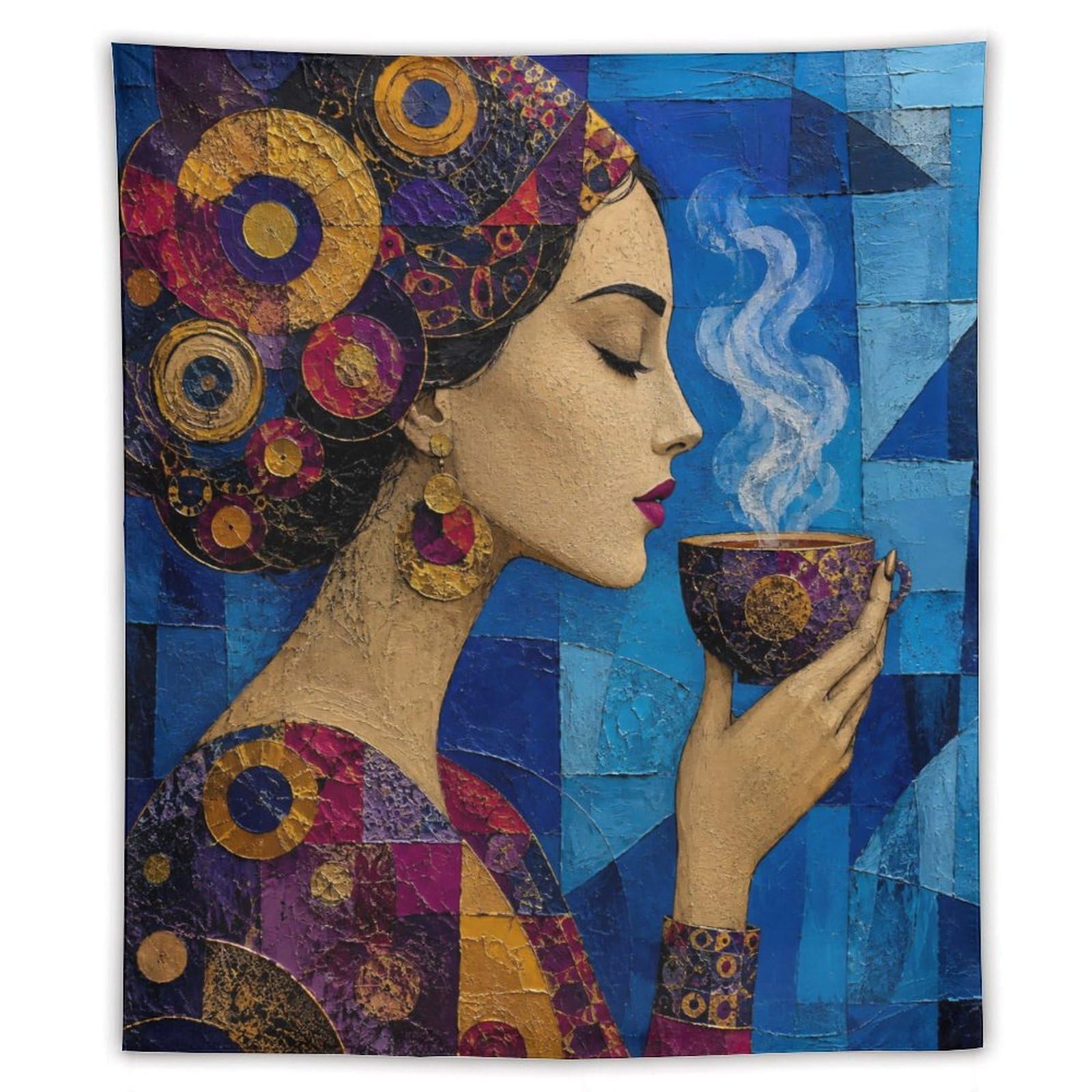 W7C8U2X3 Woman with Purple Headscarf Wall Tapestry, Mosaic, Cubist Mosaic