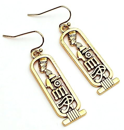 Miniatura 2 de Gold Tone Egyptian Cartouche Earrings, Nefertiti Eye of Horus Hieroglyphs, Jewelry Gift for Women