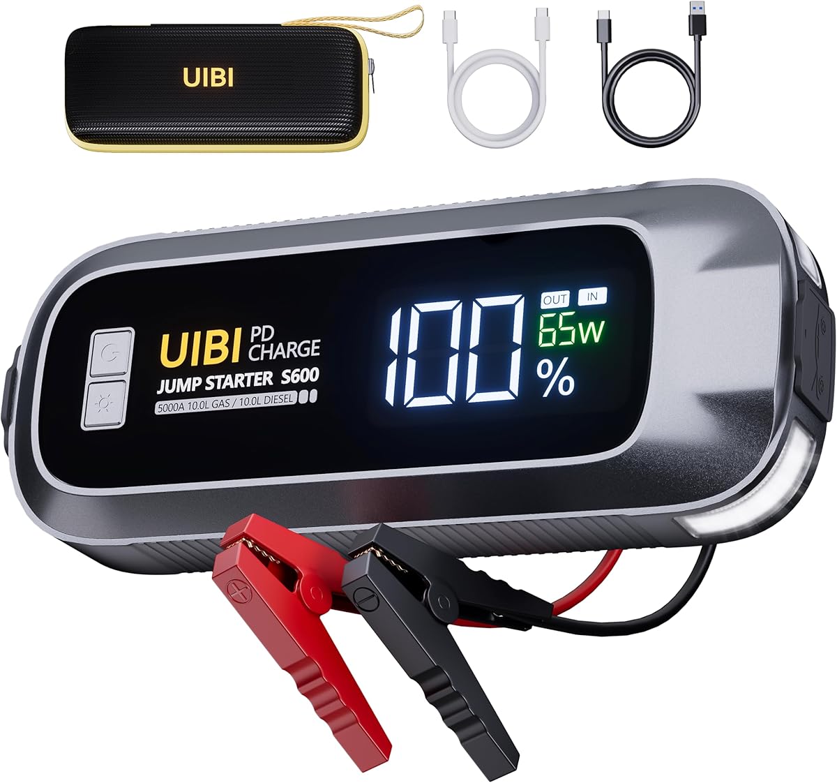 UIBI S600 Jump Starter 5000A, 26800mAh Car Battery Jumper Starter Portable with PD65W Fast Charge, LCD Display, 2 LED Lights, 12V Portable Car Jumper Battery Booster Pack for 10L Gas 10L Diesel Engine