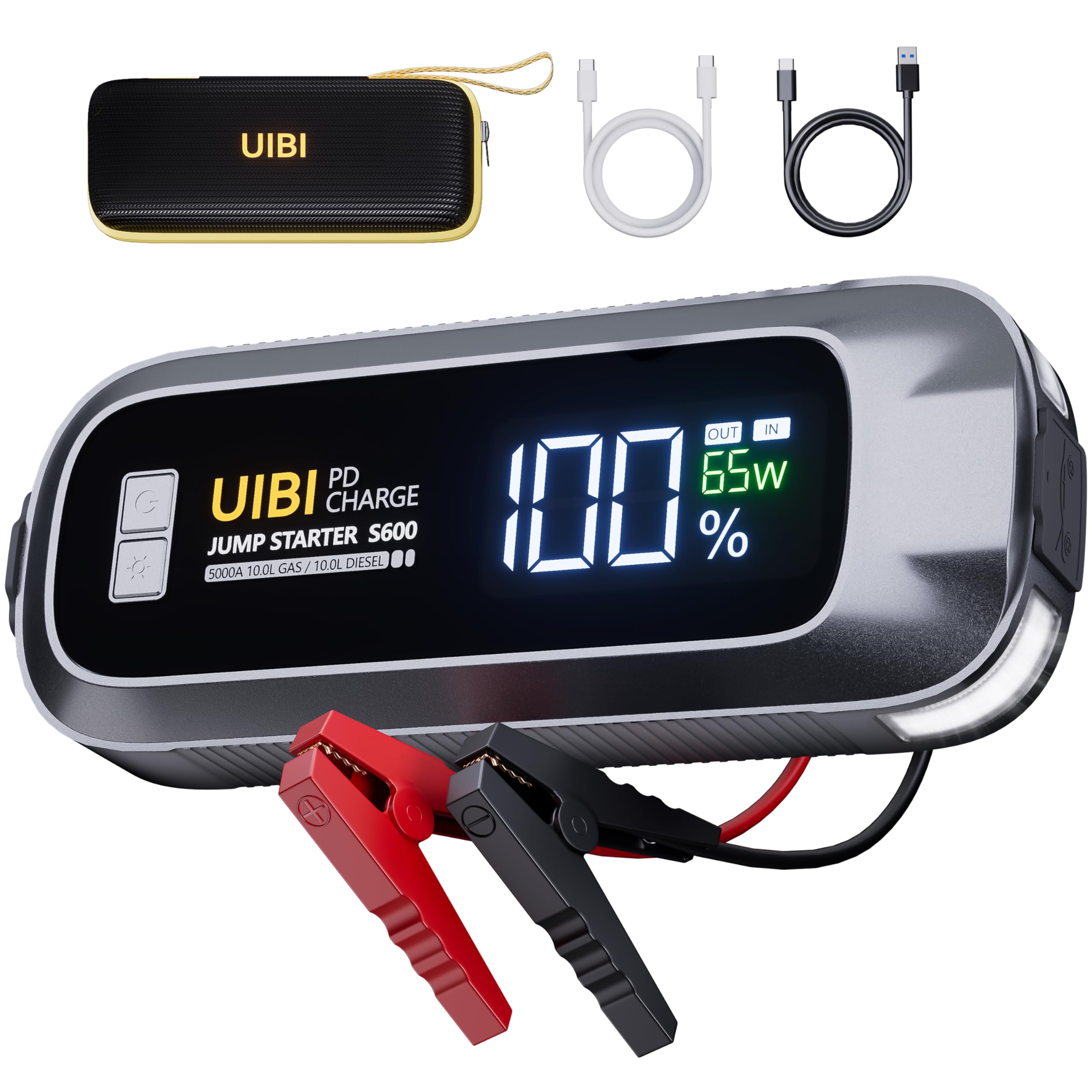 UIBIS600 Jump Starter 5000A, 26800mAh Car Battery Jumper Starter Portable with PD65W Fast Charge, LCD Display, 2 LED Lights, 12V Portable Car Jumper Battery Booster Pack for 10L Gas 10L Diesel Engine