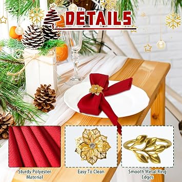 16 Pcs Christmas Napkin Rings Cloth Set, Include 8 Pieces Gold Napkin Rings with 8 Pieces Solid Color Dinner Napkins for Party Decoration, Dinning Table, Holiday, Wedding, Tabletop Decor