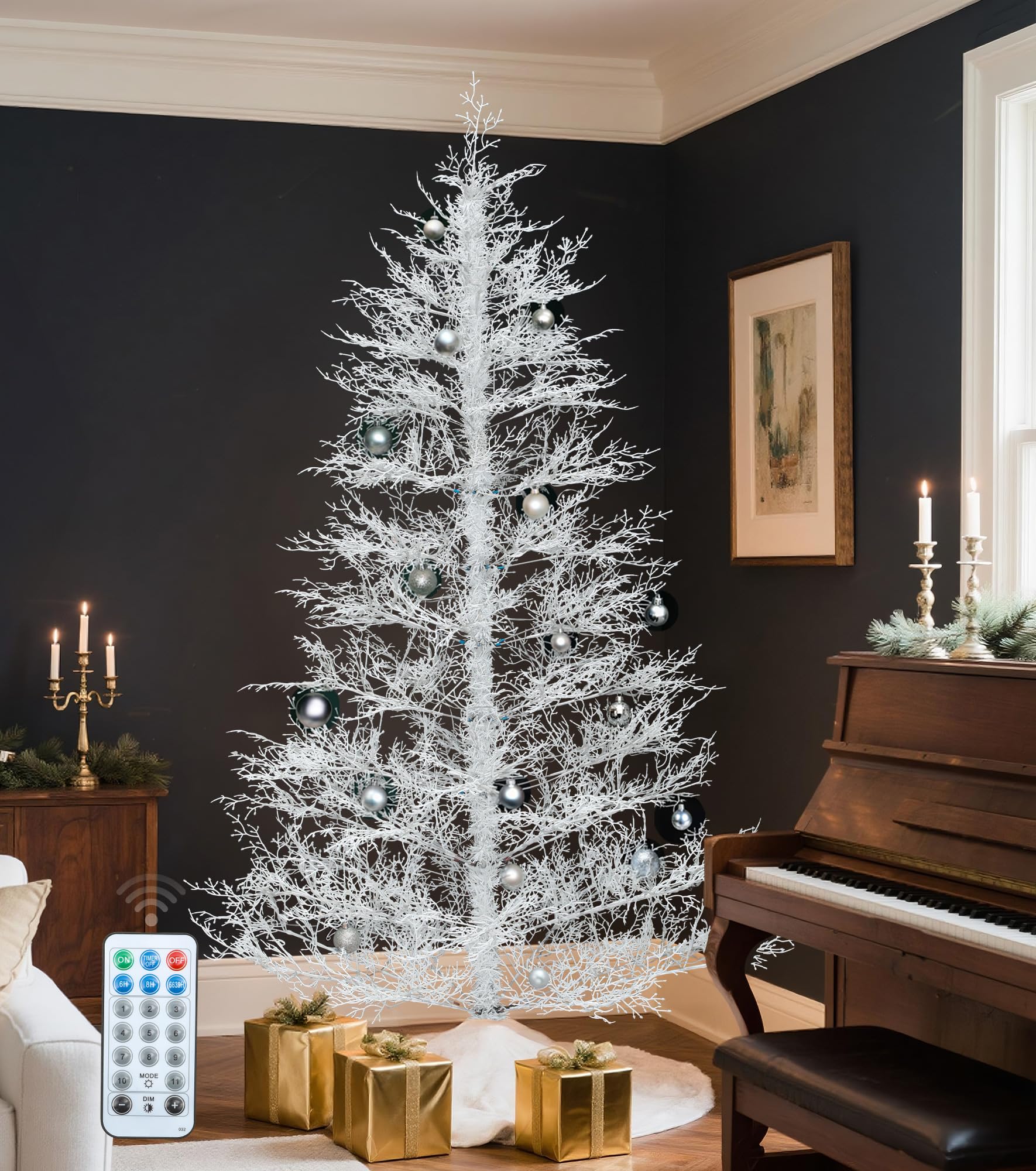 DWVO 6FT White Birch Christmas Tree Prelit 300LED Remote Timer Color Change
