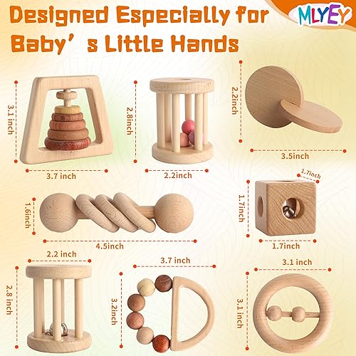 Miniatura 6 de Juguete de madera para bebé, 8 piezas, juguetes Montessori para bebés de 1 a 3 años de edad, juego de sonajeros de madera para agarre infantil,