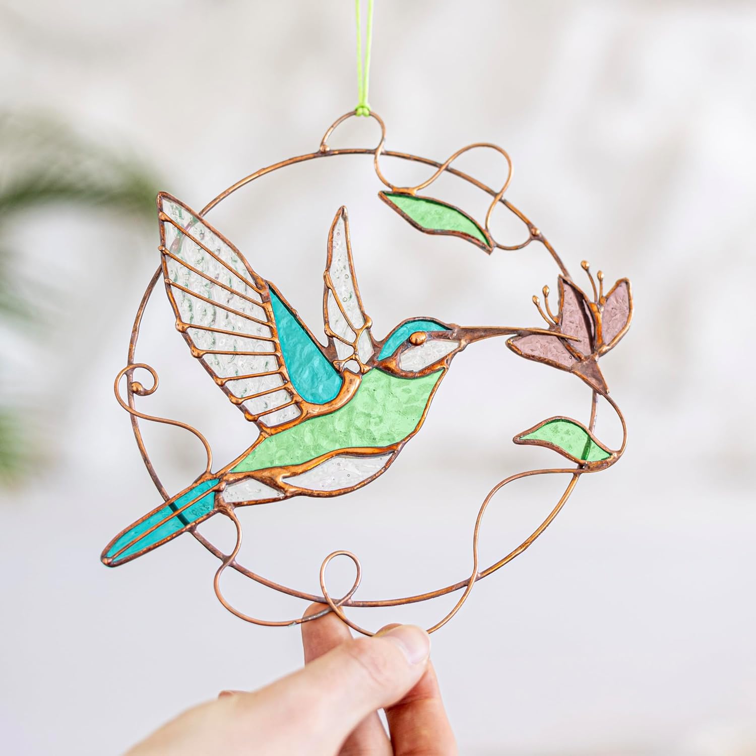 Green Hummingbird Window Hanging Stained Glass Sun Catcher, Home Patio Garden Decor Panel, Real Glass Bird Sun Catcher, Indoor Outdoor Hangibg Panel, Mother's Day Gift, Glass Art