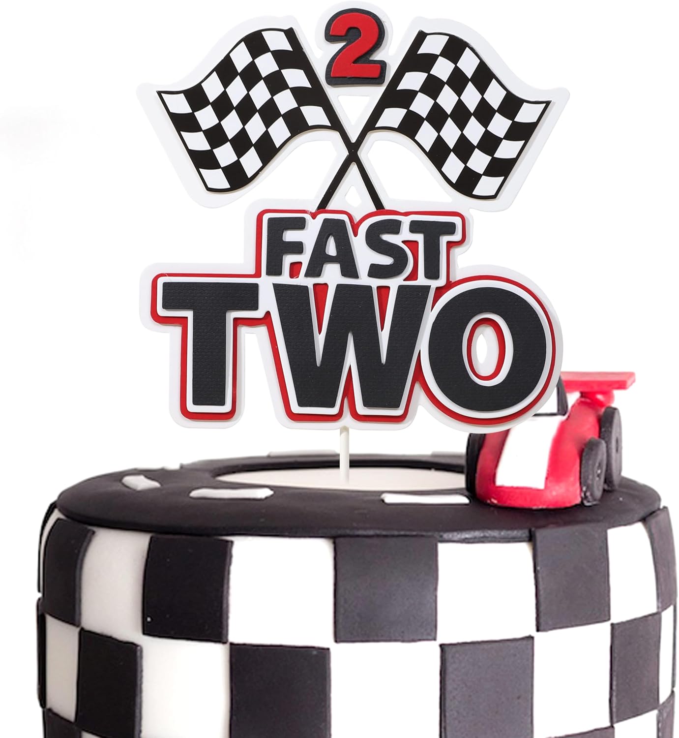 LeeLeeAn Two Fast Birthday Cake Topper - Race Car Theme 2nd Birthday Party Decoration, 6 Inch X 6 Inch, Checkered Flag, 'TWO FAST' Sign, Gold Glitter Cardboard, 1 Count - View #6