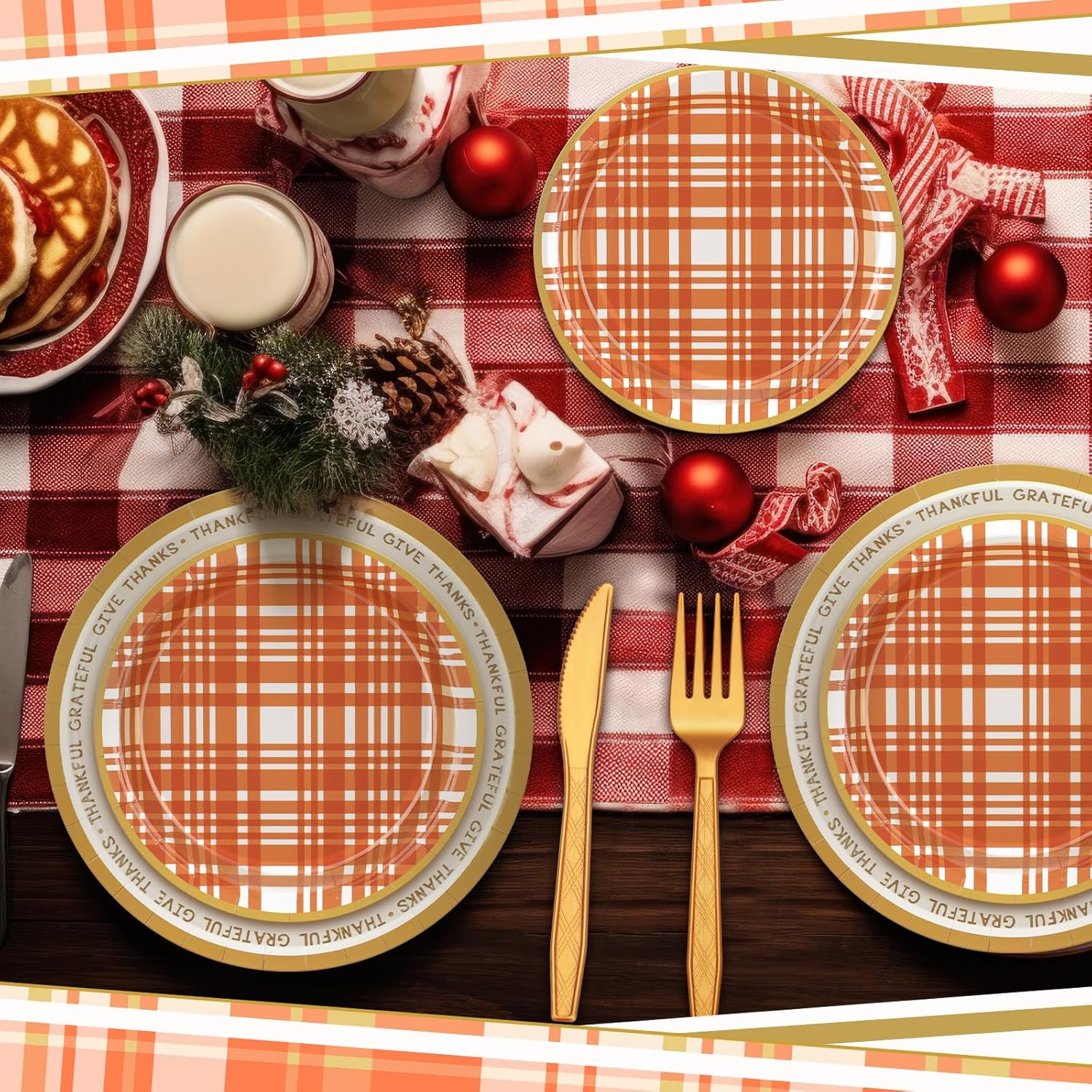 Yungyan 24 Set Thanksgiving Plates Party Supplies Disposable Friendsgiving Fall Gingham Tableware Thankful Paper Plates Napkins with Forks Knives for Guests, Turkey Pumpkin Dessert Dinnerware Favors