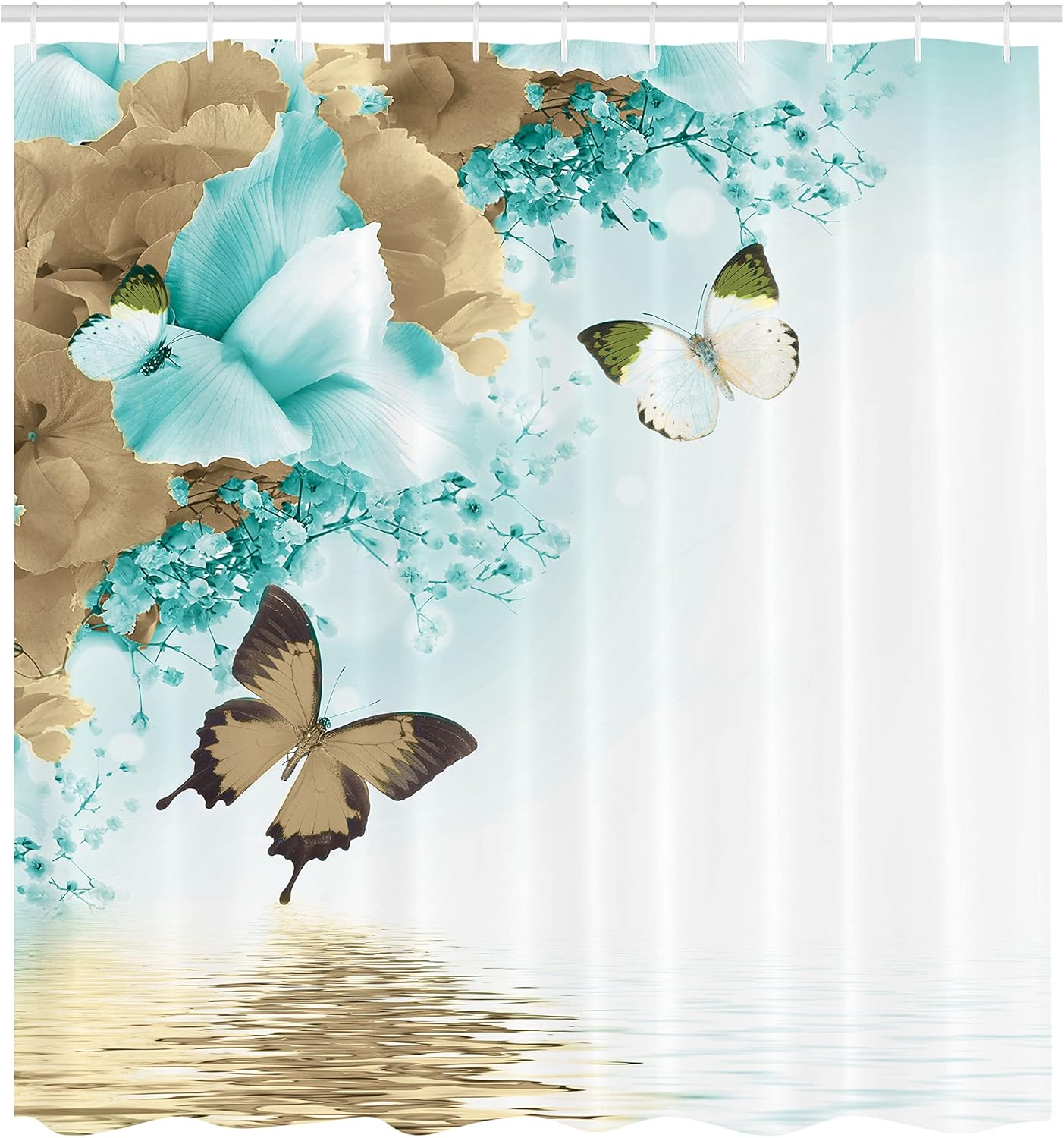 Ambesonne Floral Shower Curtain, Nature Theme Wild Flowers Monarch Flying Butterflies Lily on Lake Therapy Spa, Cloth Fabric Bathroom Decor Set with Hooks, 69" W x 70" L, Dark Khaki