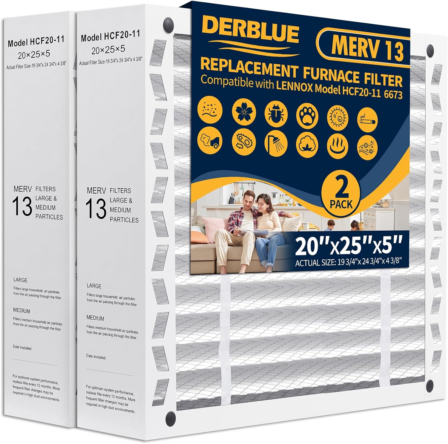 DerBlue 2PCS 20x25x5 MERV 13 Furnace Filter Replacement Compatible with Lennox X6673 HCF20 Pleated HVAC,Foldable Design for Easy Installation & Space-Saving (Actual Size: 19.75 x 24.75 x 4.38 In)