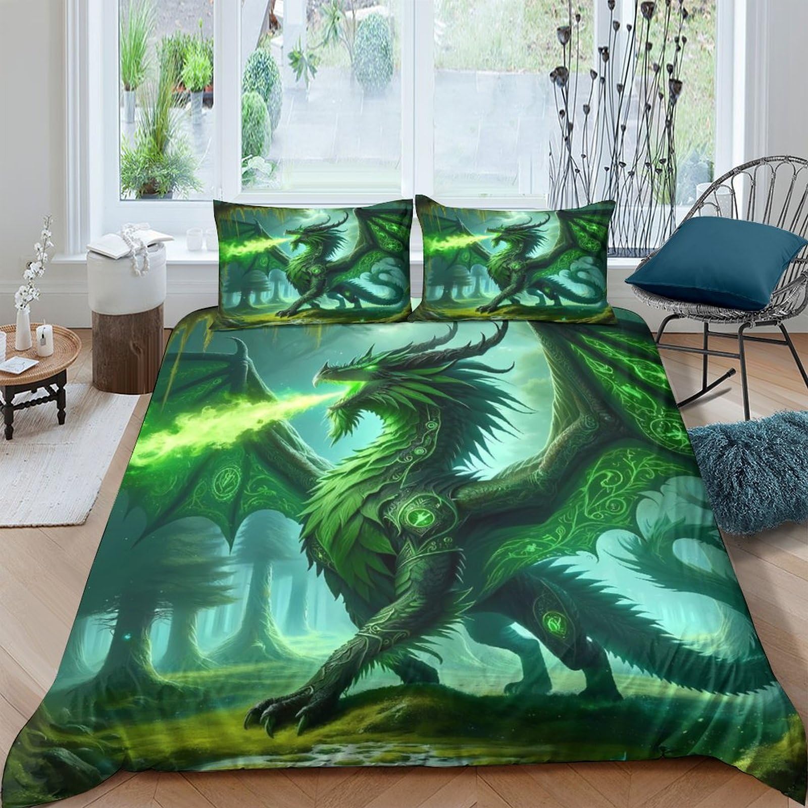 GPLZQXKJNH 3D Printed Green Dragon Duvet Cover Microfiber Soft Forest Fantasy Bedding Set with 2 Pillowcases for Bedroom Decor Single（135x200cm）