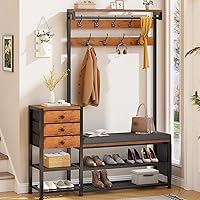 Itaar 7-in-1 Hall Tree Coat Rack with Bench, Shoe Storage, 3 Drawers, Soft Cushion & Hooks - Rustic Brown Entryway Organizer