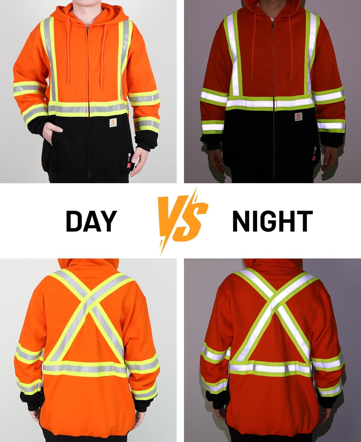 BOCOMAL FR Hoodies High Visibility 10.5oz Cottion Fleece Zipper Hi Vis Flame Resistant Reflective Hooded Sweatshirts