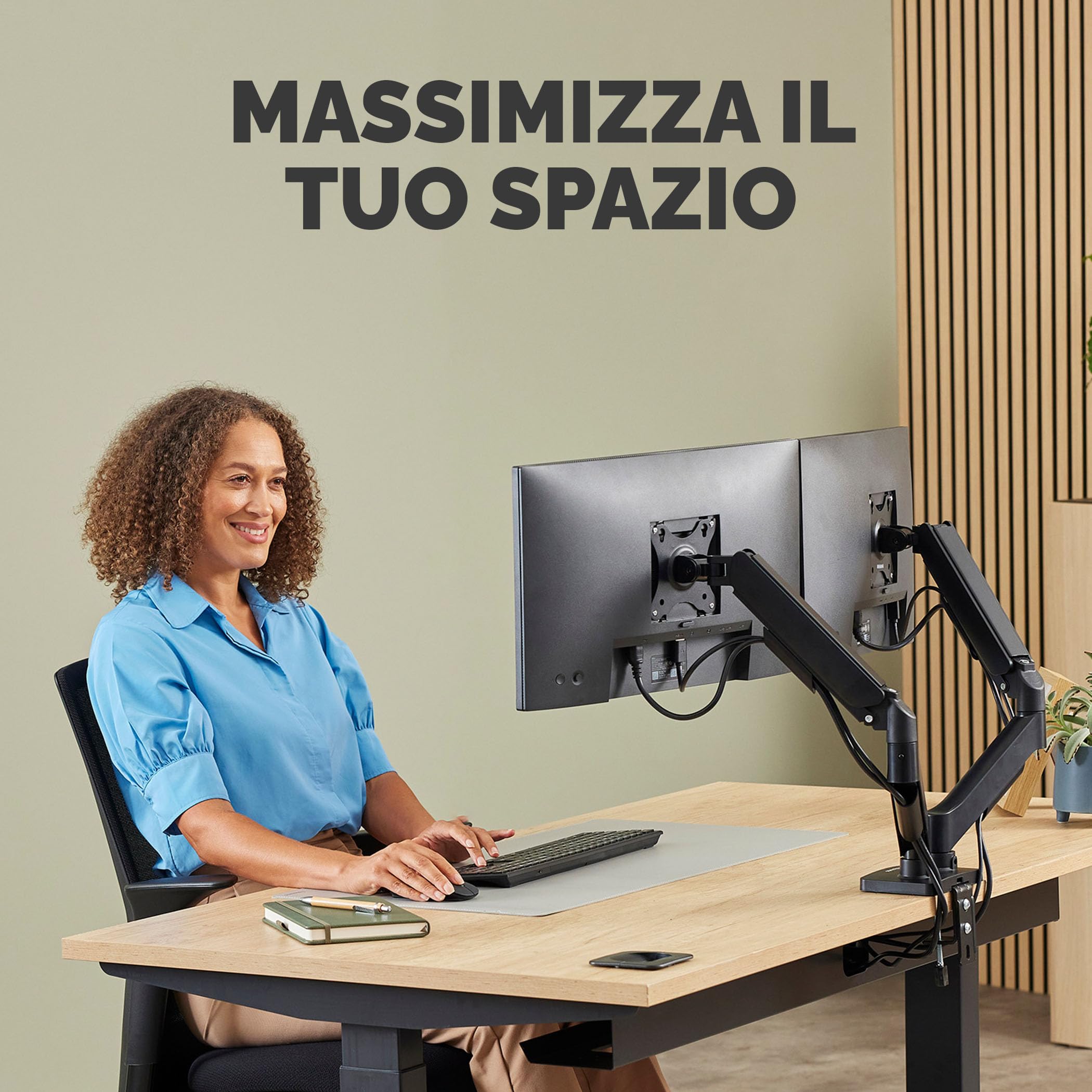 Fellowes Braccio Monitor Doppio Everyday Plus – Supporta 2 schermi 17"-32" (2-9 kg ciascuno), regolabile in altezza, inclinazione e rotazione, VESA 75/100, a morsetto o foro passante - Nero