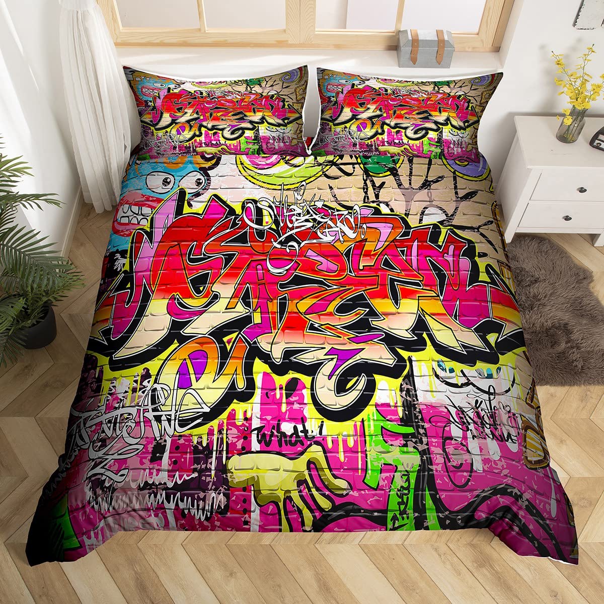 Homewish Hip Hop Super King Duvet Cover Set Teenage Boys Graffiti Bedding, Colorfull Graffiti Wall Art Design Duvet Set for Kids Girls, Hippie Street Culture Decor Comforter Cover 3 Pieces