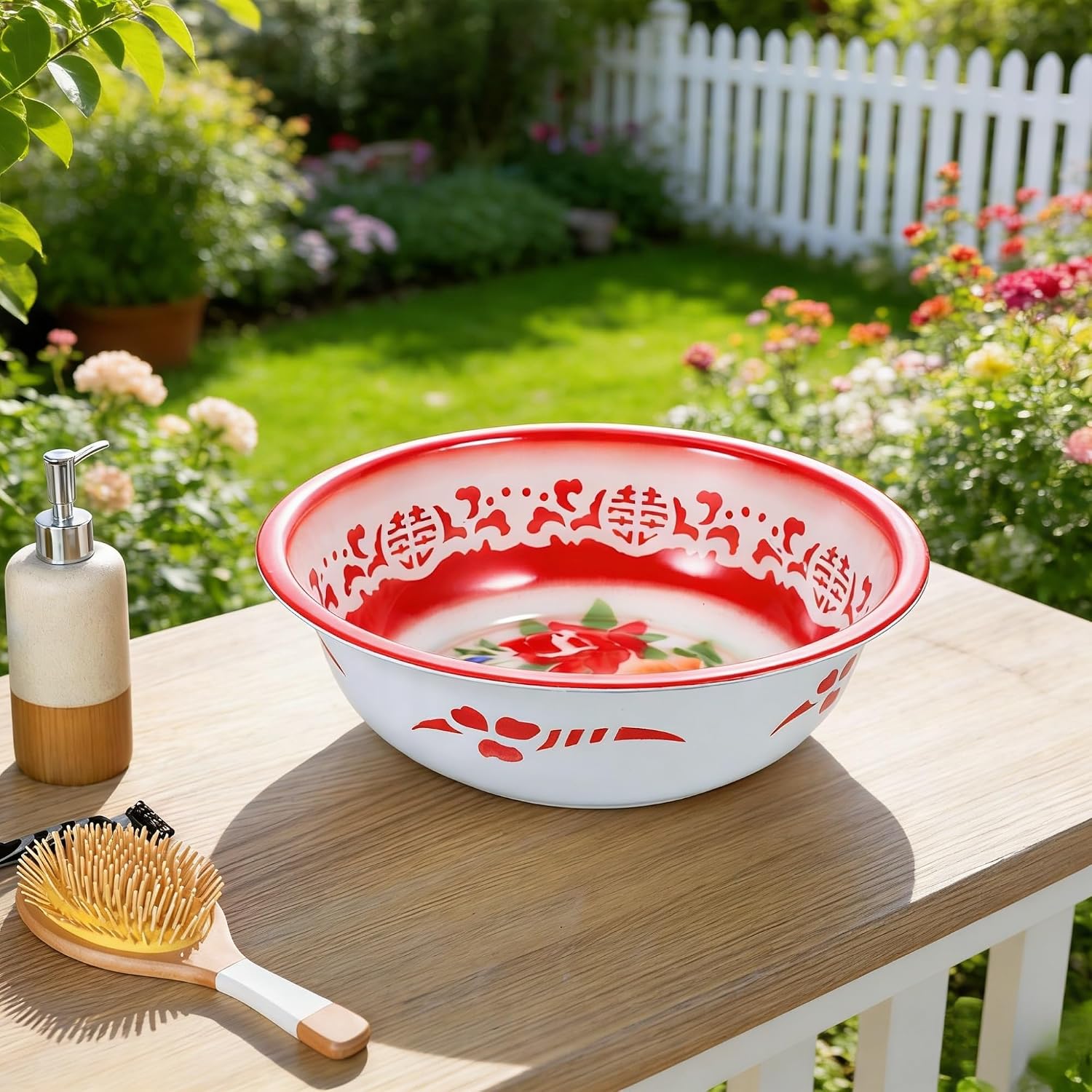 Large Enamel Bowl 14 Inch Vintage Mixing Bowl, Retro Enamel Basin for Kitchen, Floral Enamel Mixing Bowls for Salad Dough Food Prep Washing Vegetables