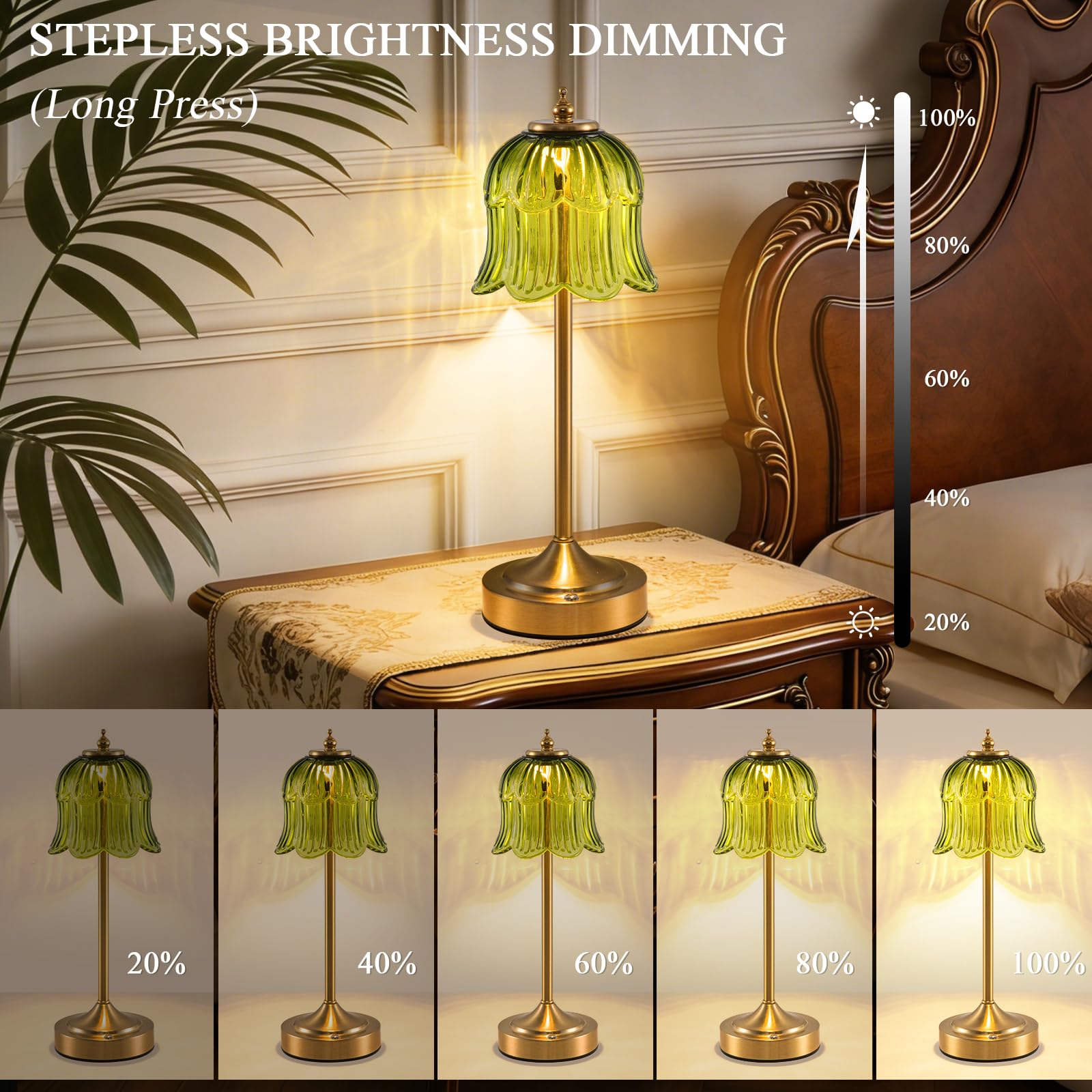 Retro Rose Tischlampe Kabellos, Wiederaufladbar mit 6000mAh Akku, 3 Farbtemperaturen Dimmbar, Tragbare LED-Tischlampe für Esszimmer, Schlafzimmer,Bartheke(Smaragdgrün)