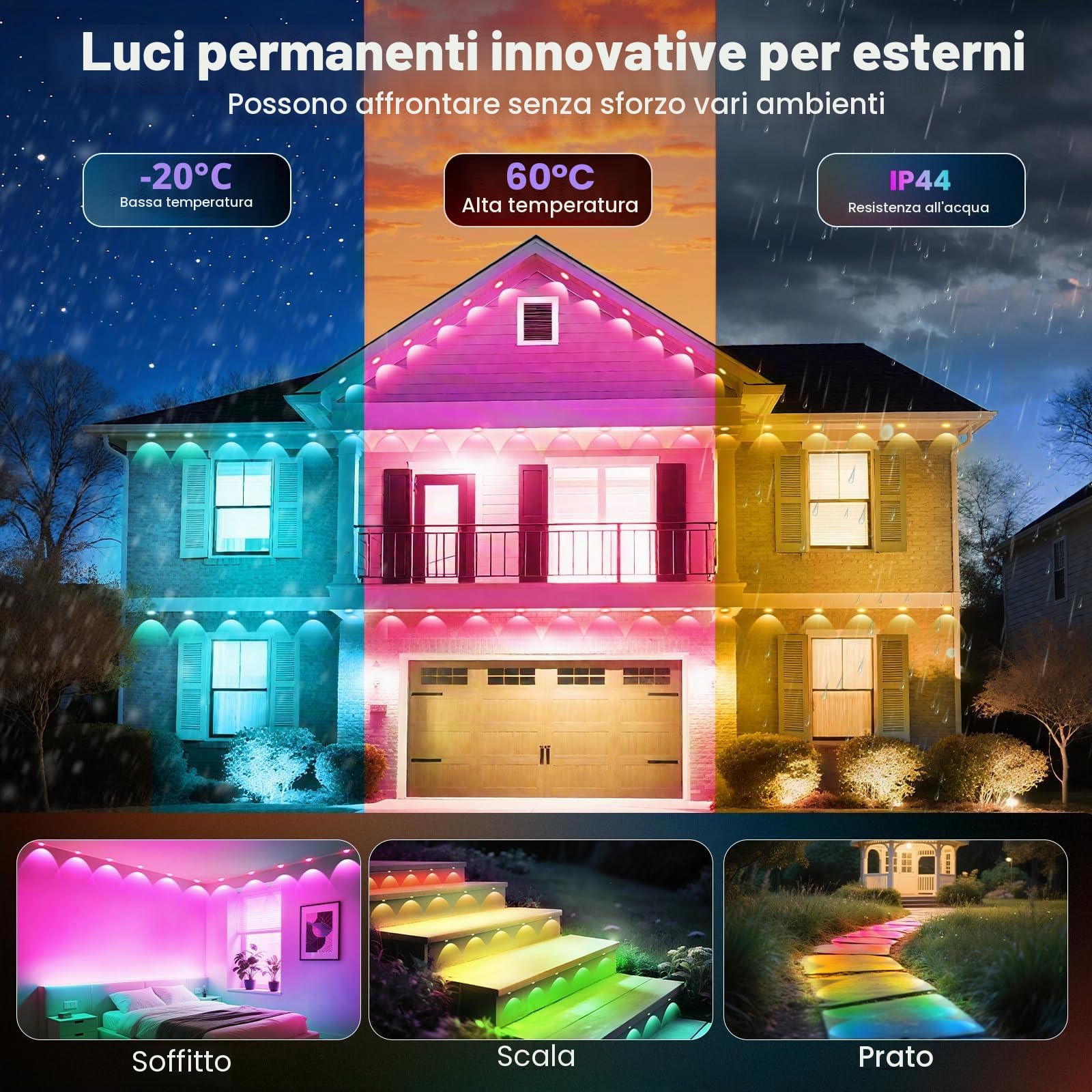 GlobaLink Illuminazione per Esterni 15M, 30 LED Intelligenti LED RGBIC, IP44 Impermeabile, Modalità Musicali con App e Telecomando per Grondaie, Tetti, Giardini