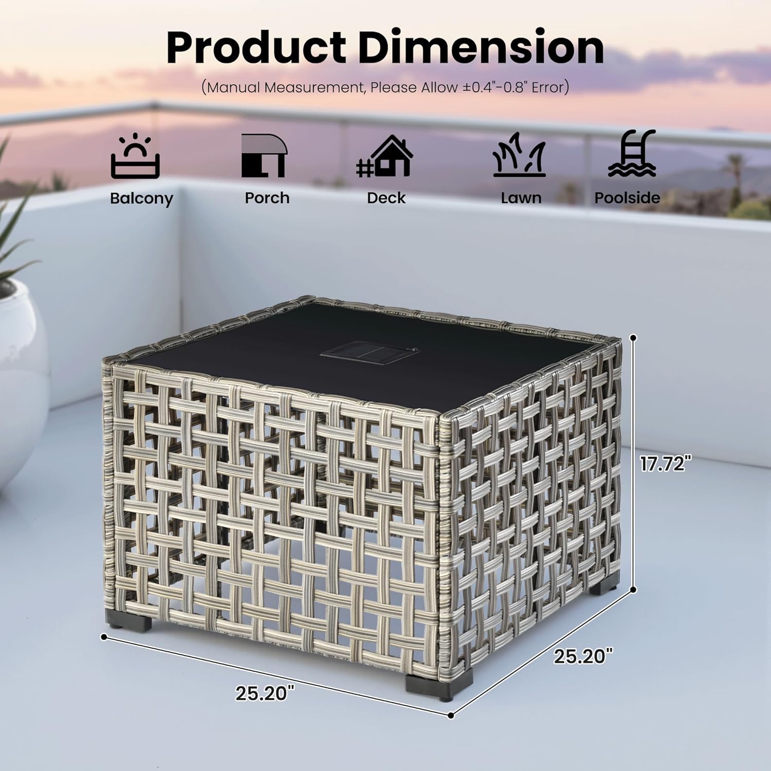 ovios Outdoor Side Table with Tempered Glass Top, Patio Wicker Solar Table, Rattan Bistro End Table for Porch Deck Balcony Garden Poolside, Mixed Brown