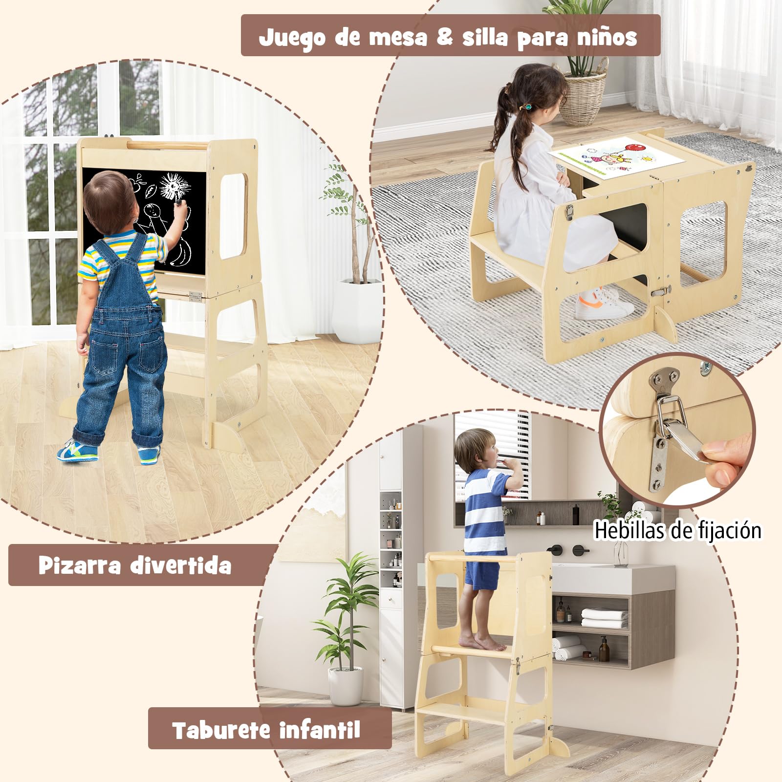 GOPLUS 7 en 1 Triángulo de Escalada Montessori para Niños de 3-14 Años+, Juego de Escalada Plegable con Rampa de Doble Cara, Torre de Apendizaje y Pizarra, Ayudante para Cocina, Mesa y Silla