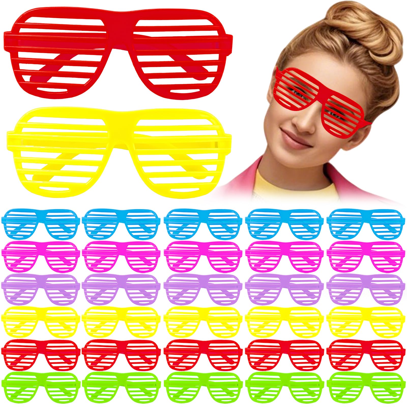 KOMENDANT 72 Pack Shutter Shade Glasses in Bulk, 80s Style Slotted Sunglasses, Neon Color Shades Perfect for Party Favors, Birthday Supplies, Adult