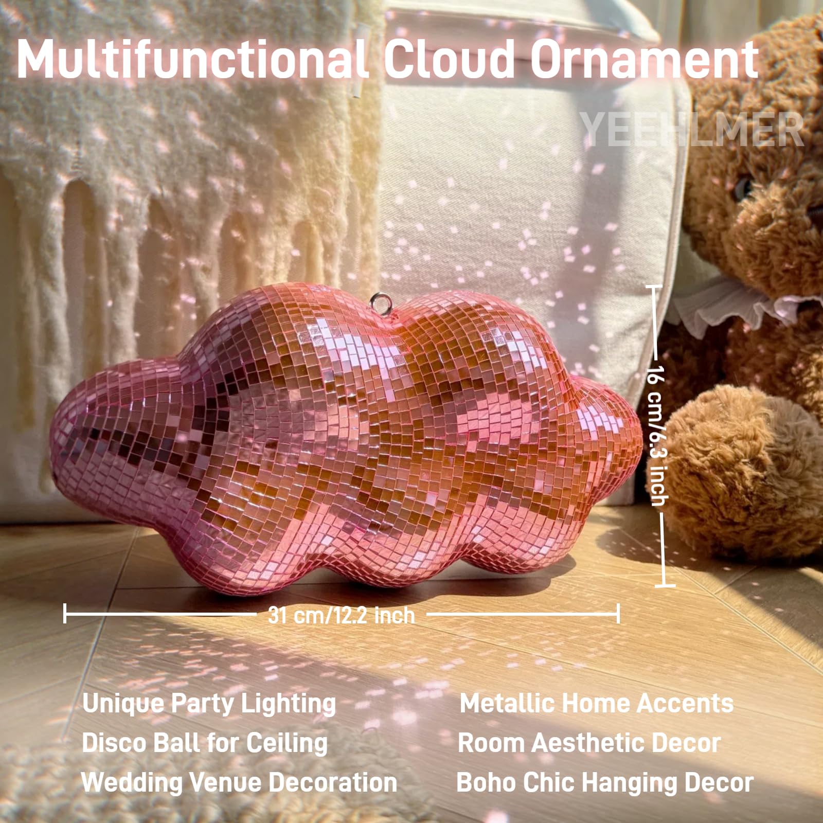Wolkenförmige Discokugel-Dekoration, 31,8 cm, glitzerndes Hängeornament mit Metallkette für Decke, Unkraut, Party und Heimdekoration (Rosa, klein)
