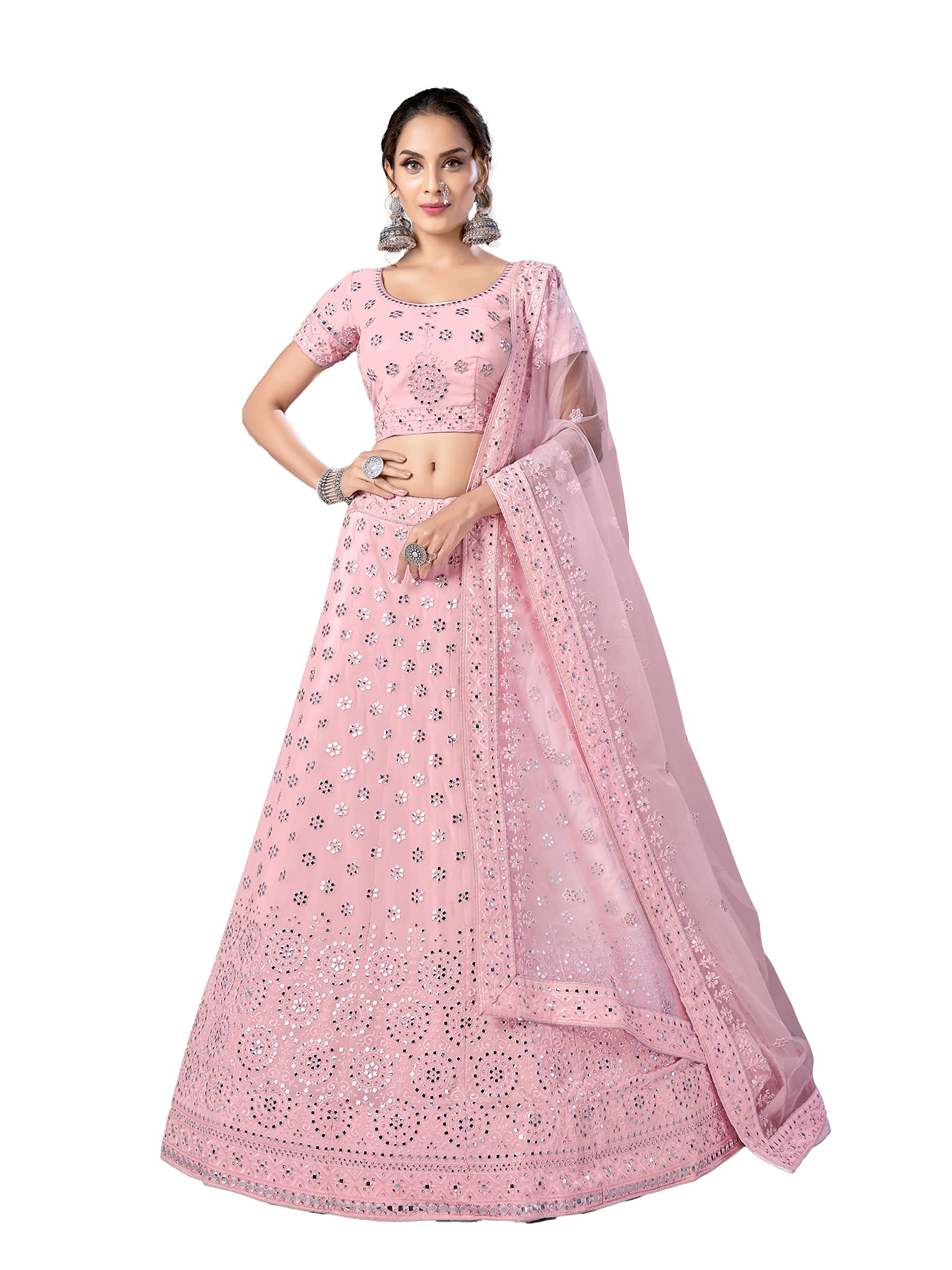 Mirror and Resham work Pink color Georgette base Lehenga Choli For Women-image-27