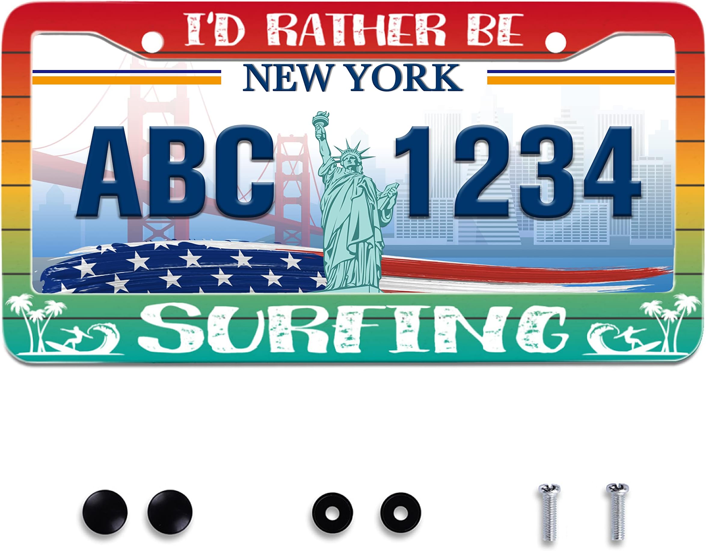I'd Rather Be Surfing License Plate Frame Surfer License Plate Holder Stainless Steel Rust-Proof Auto Parts Decoration with Screws License Plate Cover for Men Women Youth 12x6 Inch